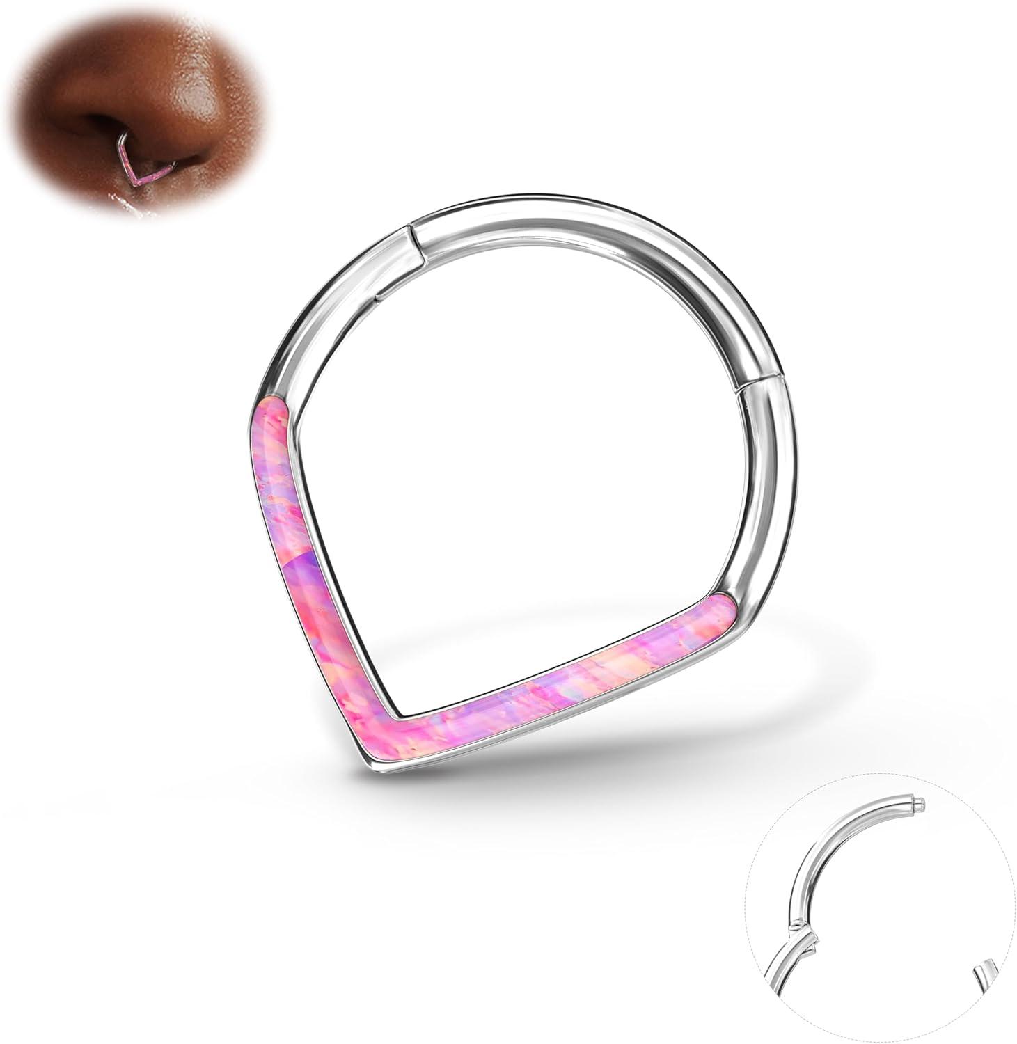 imageBodyBonita Opal 16G Septum Rings Teardrop 316L Surgical Steel Hinged Nose Rings Hoops Septum Clicker Conch Helix Piercing Jewelry Daith Earring PinkBlueWhite Opal10 mm8 mm SilverGold PlatedPink Opal 16g Silver