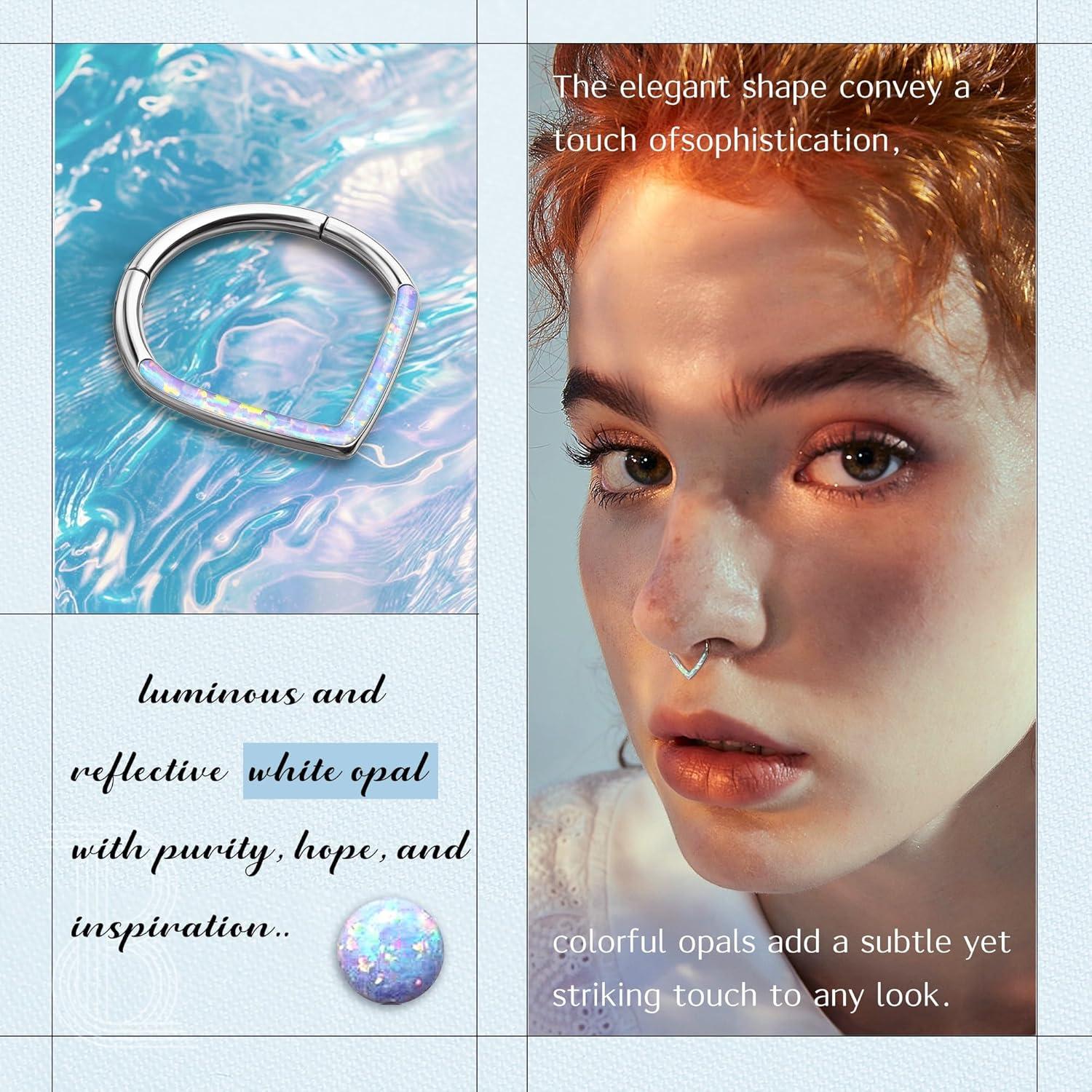 imageBodyBonita Opal 16G Septum Rings Teardrop 316L Surgical Steel Hinged Nose Rings Hoops Septum Clicker Conch Helix Piercing Jewelry Daith Earring PinkBlueWhite Opal10 mm8 mm SilverGold PlatedWhite Opal 16g Silver