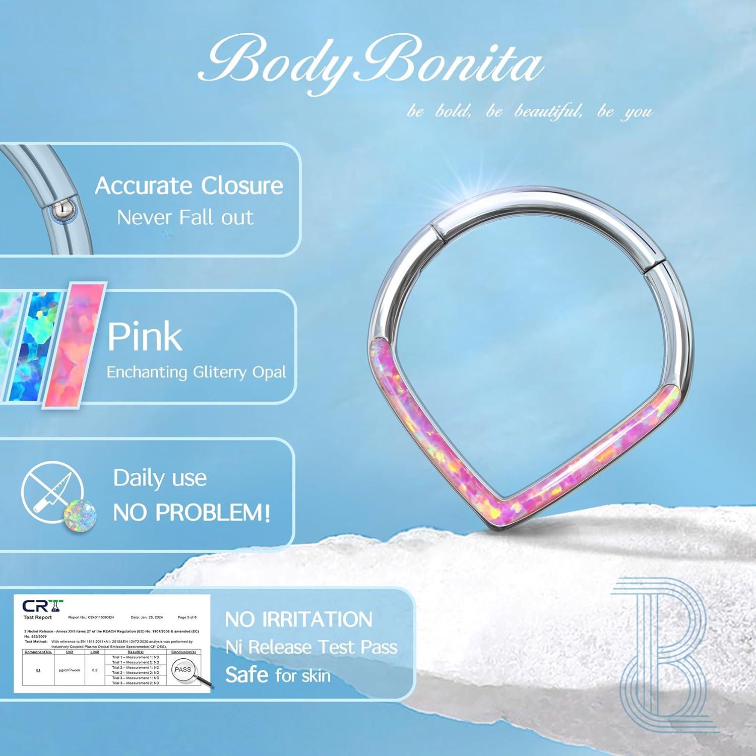 imageBodyBonita Opal 16G Septum Rings Teardrop 316L Surgical Steel Hinged Nose Rings Hoops Septum Clicker Conch Helix Piercing Jewelry Daith Earring PinkBlueWhite Opal10 mm8 mm SilverGold PlatedPink Opal 16g Silver