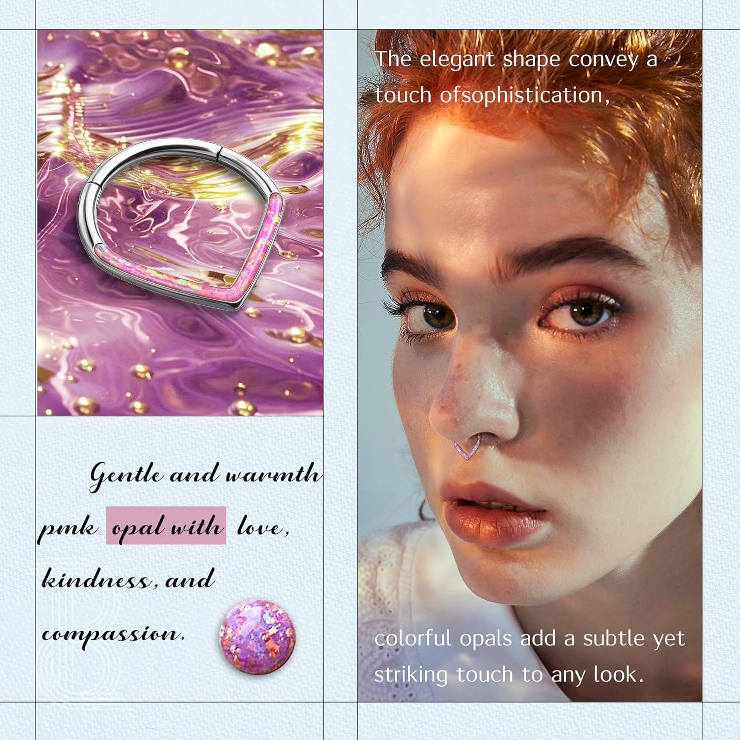 imageBodyBonita Opal 16G Septum Rings Teardrop 316L Surgical Steel Hinged Nose Rings Hoops Septum Clicker Conch Helix Piercing Jewelry Daith Earring PinkBlueWhite Opal10 mm8 mm SilverGold PlatedPink Opal 16g Silver