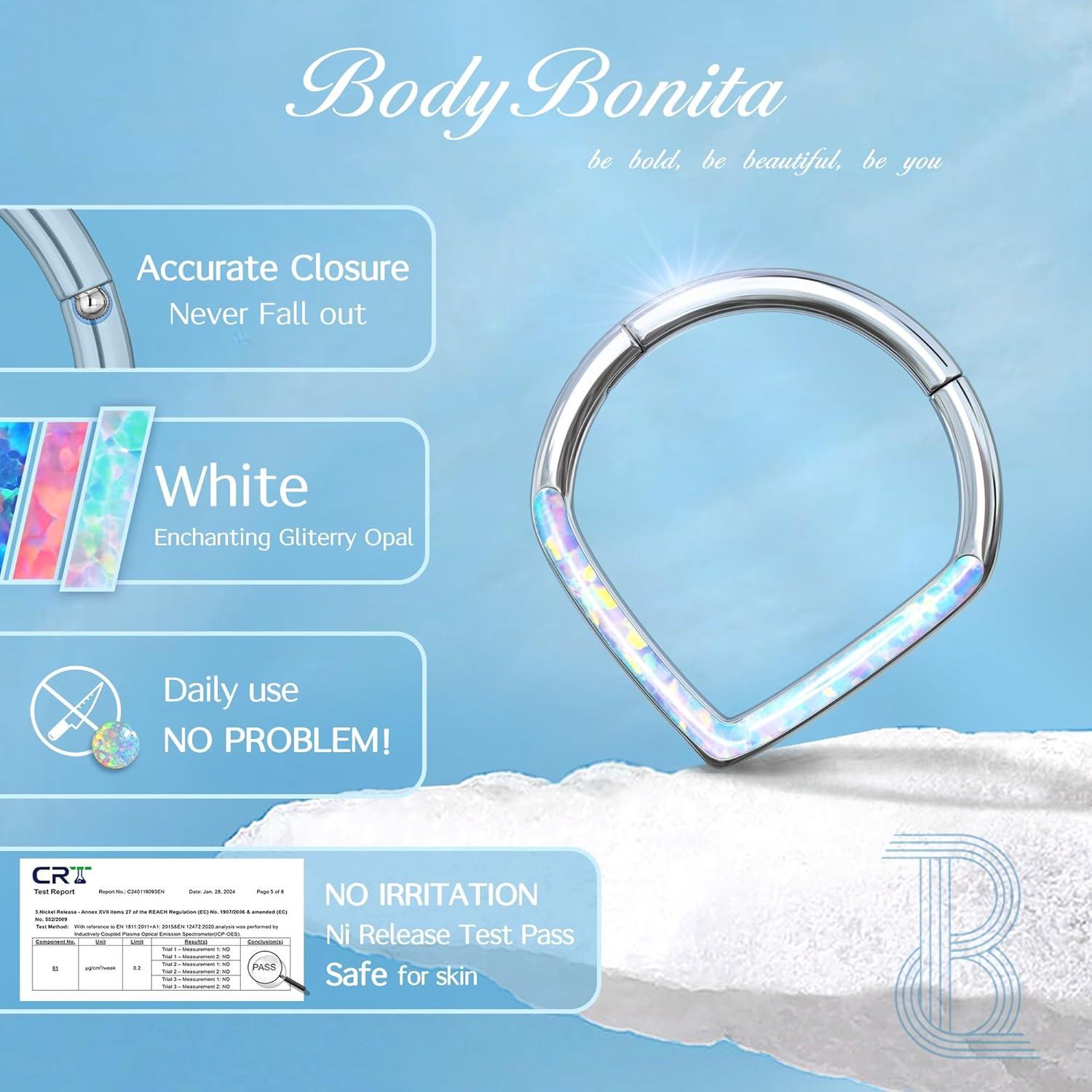 imageBodyBonita Opal 16G Septum Rings Teardrop 316L Surgical Steel Hinged Nose Rings Hoops Septum Clicker Conch Helix Piercing Jewelry Daith Earring PinkBlueWhite Opal10 mm8 mm SilverGold PlatedWhite Opal 16g Silver