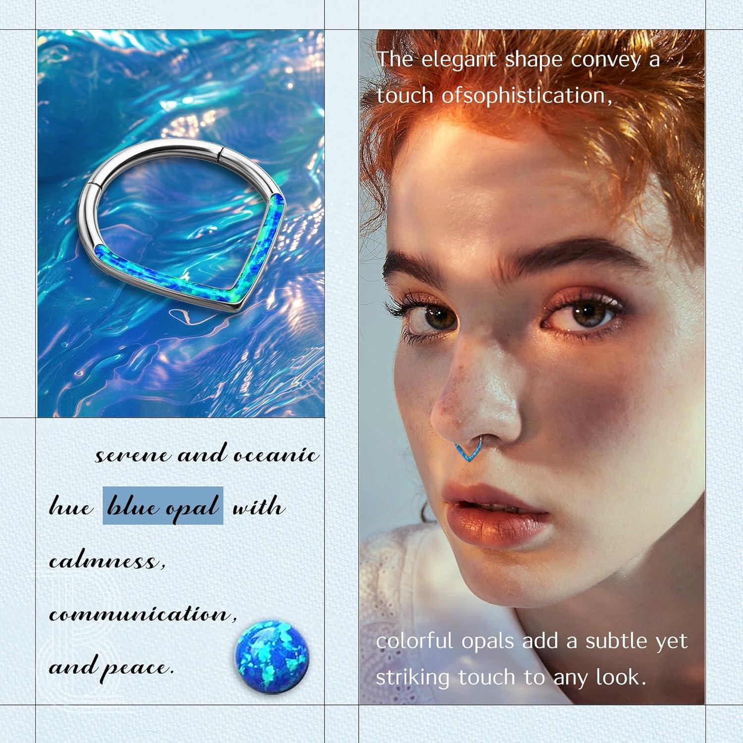imageBodyBonita Opal 16G Septum Rings Teardrop 316L Surgical Steel Hinged Nose Rings Hoops Septum Clicker Conch Helix Piercing Jewelry Daith Earring PinkBlueWhite Opal10 mm8 mm SilverGold PlatedBlue Opal 16g Silver
