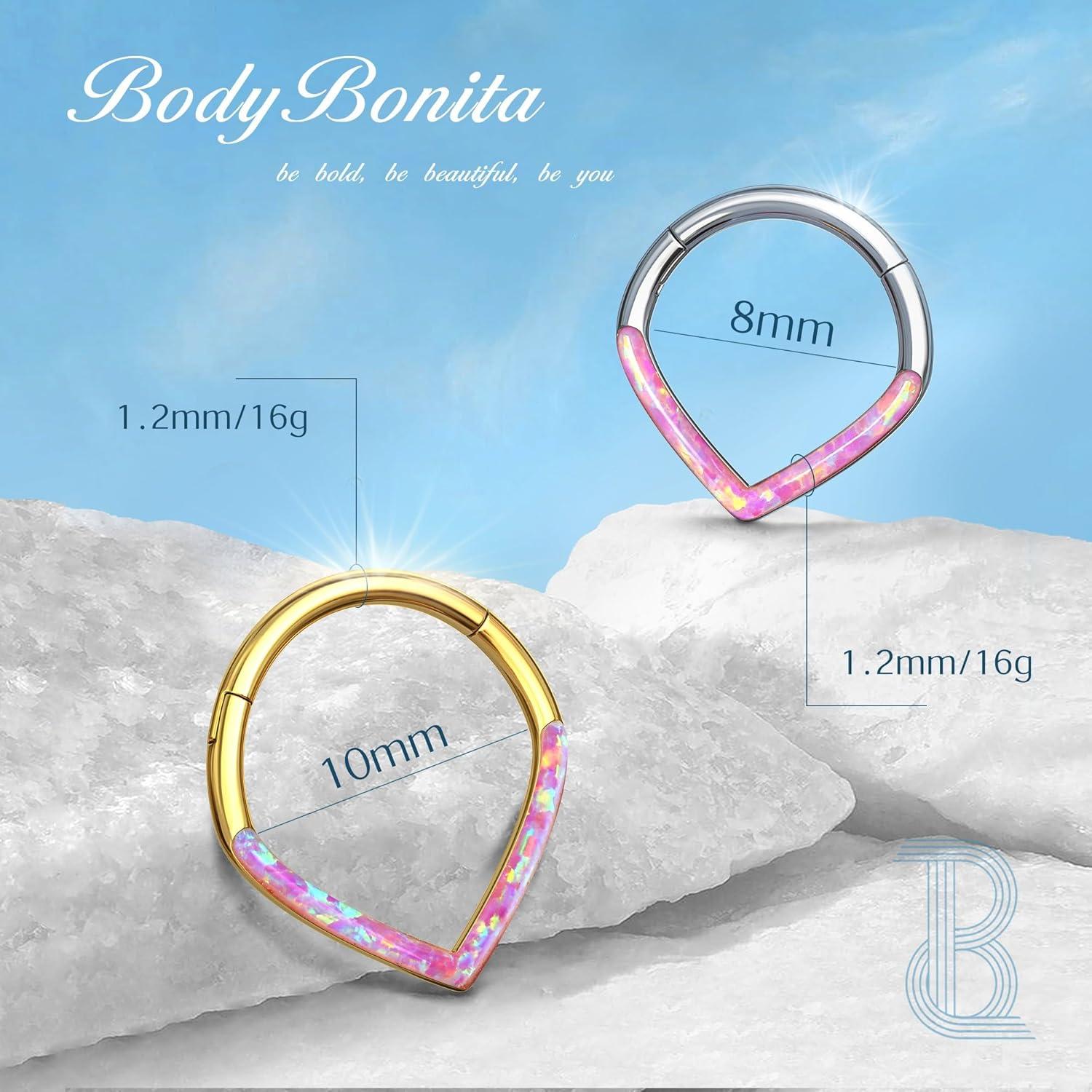 imageBodyBonita Opal 16G Septum Rings Teardrop 316L Surgical Steel Hinged Nose Rings Hoops Septum Clicker Conch Helix Piercing Jewelry Daith Earring PinkBlueWhite Opal10 mm8 mm SilverGold PlatedPink Opal 16g Silver