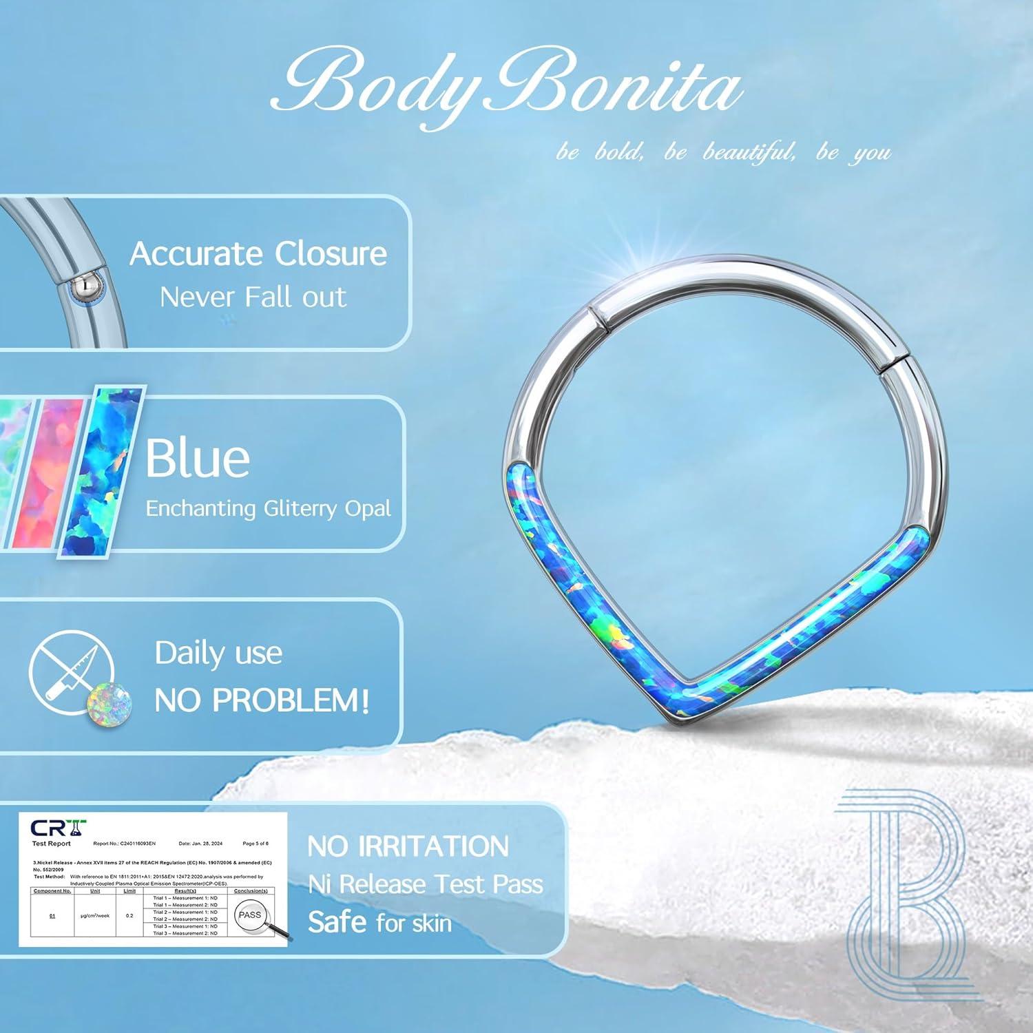 imageBodyBonita Opal 16G Septum Rings Teardrop 316L Surgical Steel Hinged Nose Rings Hoops Septum Clicker Conch Helix Piercing Jewelry Daith Earring PinkBlueWhite Opal10 mm8 mm SilverGold PlatedBlue Opal 16g Silver