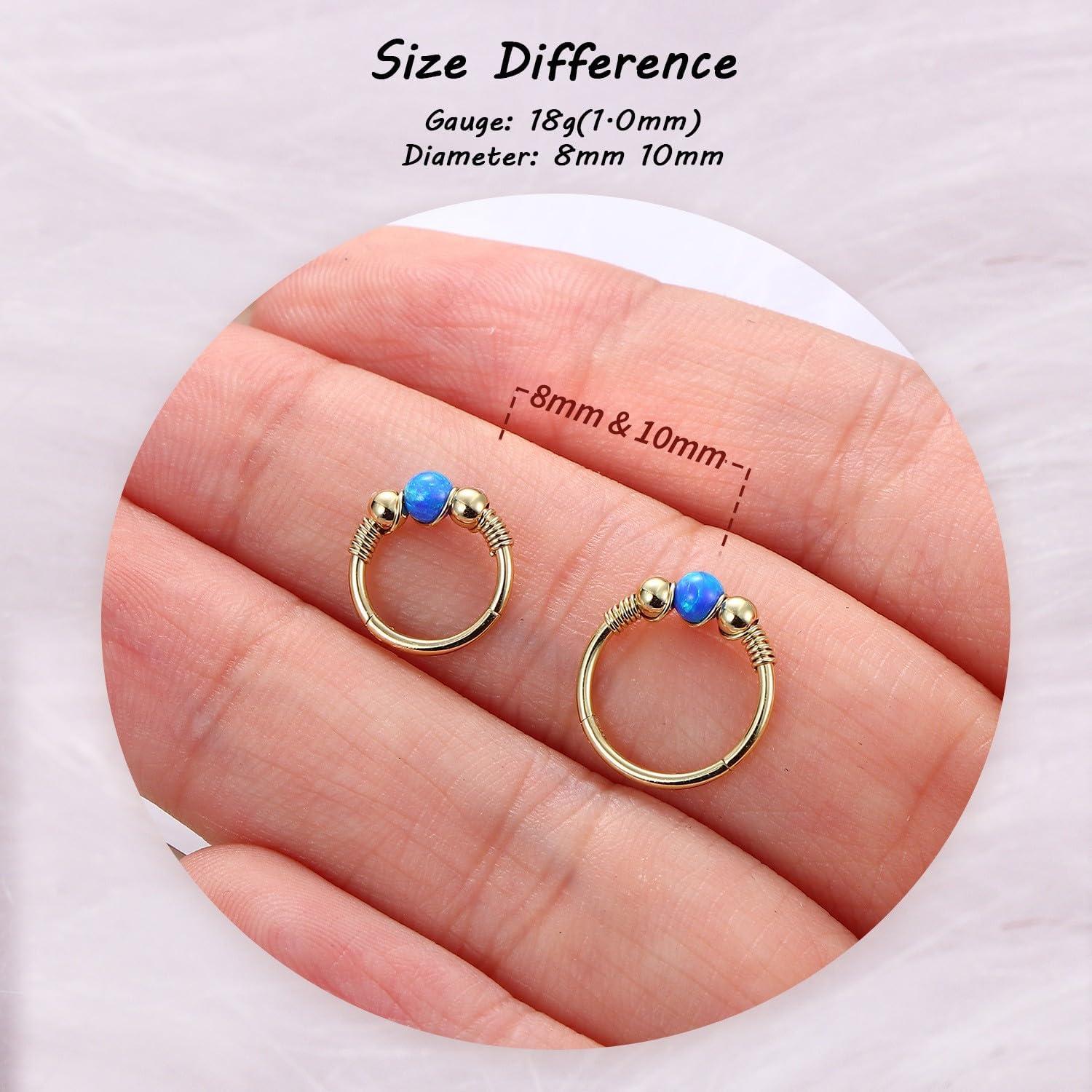 imageBodyBonita Opal Nose Rings Hoops 316L Surgical Steel Septum Ring for Women Conch Piercing Jewelry Daith Helix 2Pcs 16G 18GGoldBlue Opal