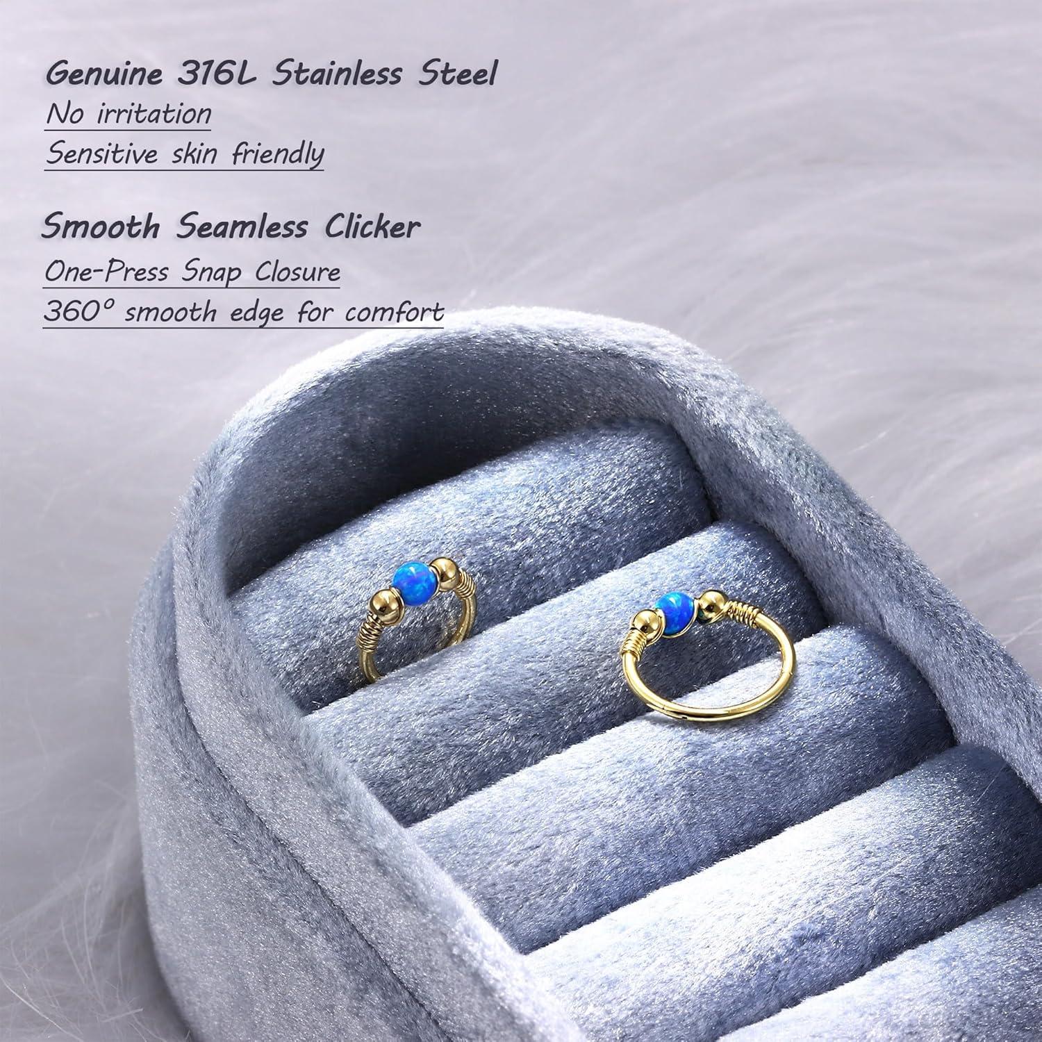 imageBodyBonita Opal Nose Rings Hoops 316L Surgical Steel Septum Ring for Women Conch Piercing Jewelry Daith Helix 2Pcs 16G 18GGoldBlue Opal