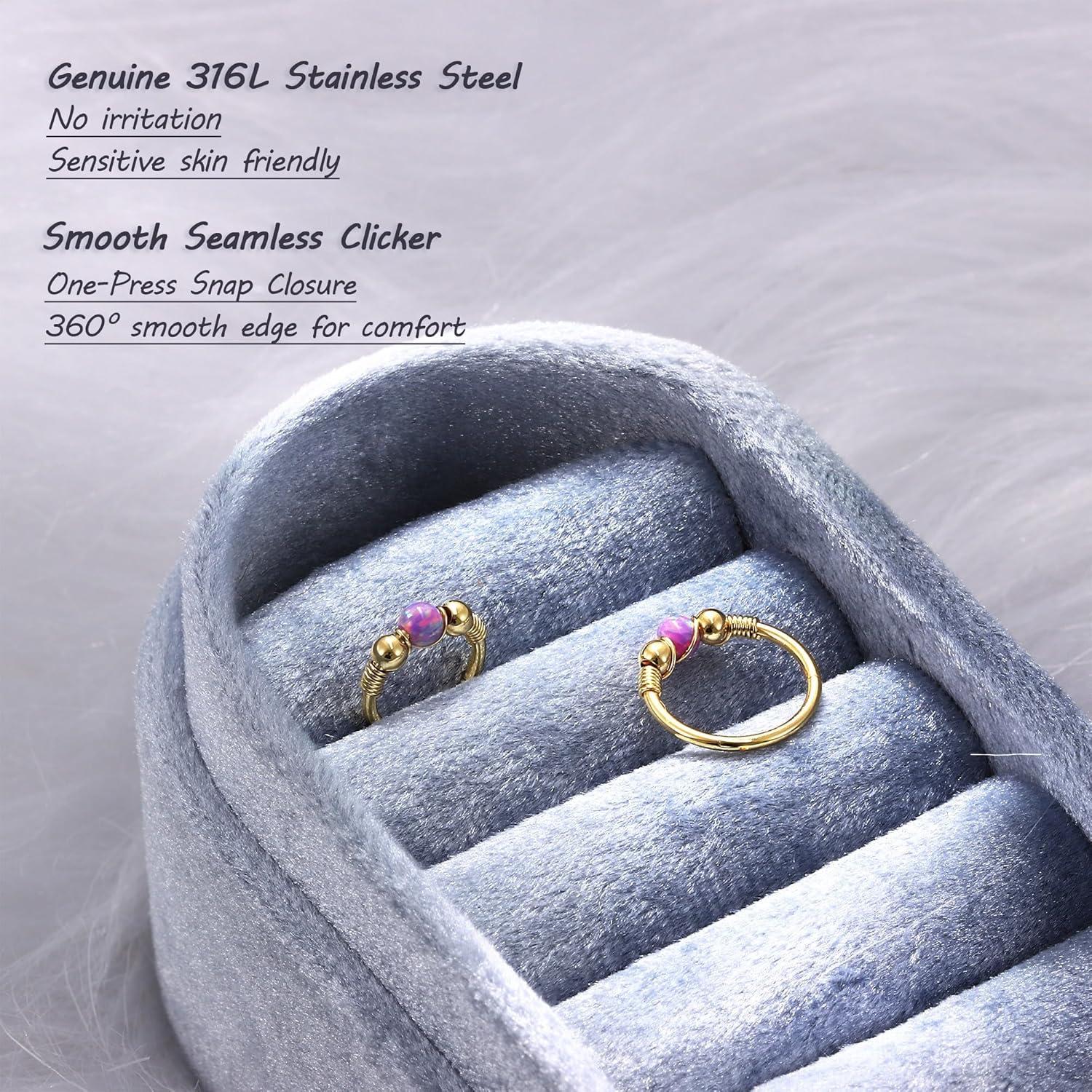 imageBodyBonita Opal Nose Rings Hoops 316L Surgical Steel Septum Ring for Women Conch Piercing Jewelry Daith Helix 2Pcs 16G 18GGoldPurple Opal