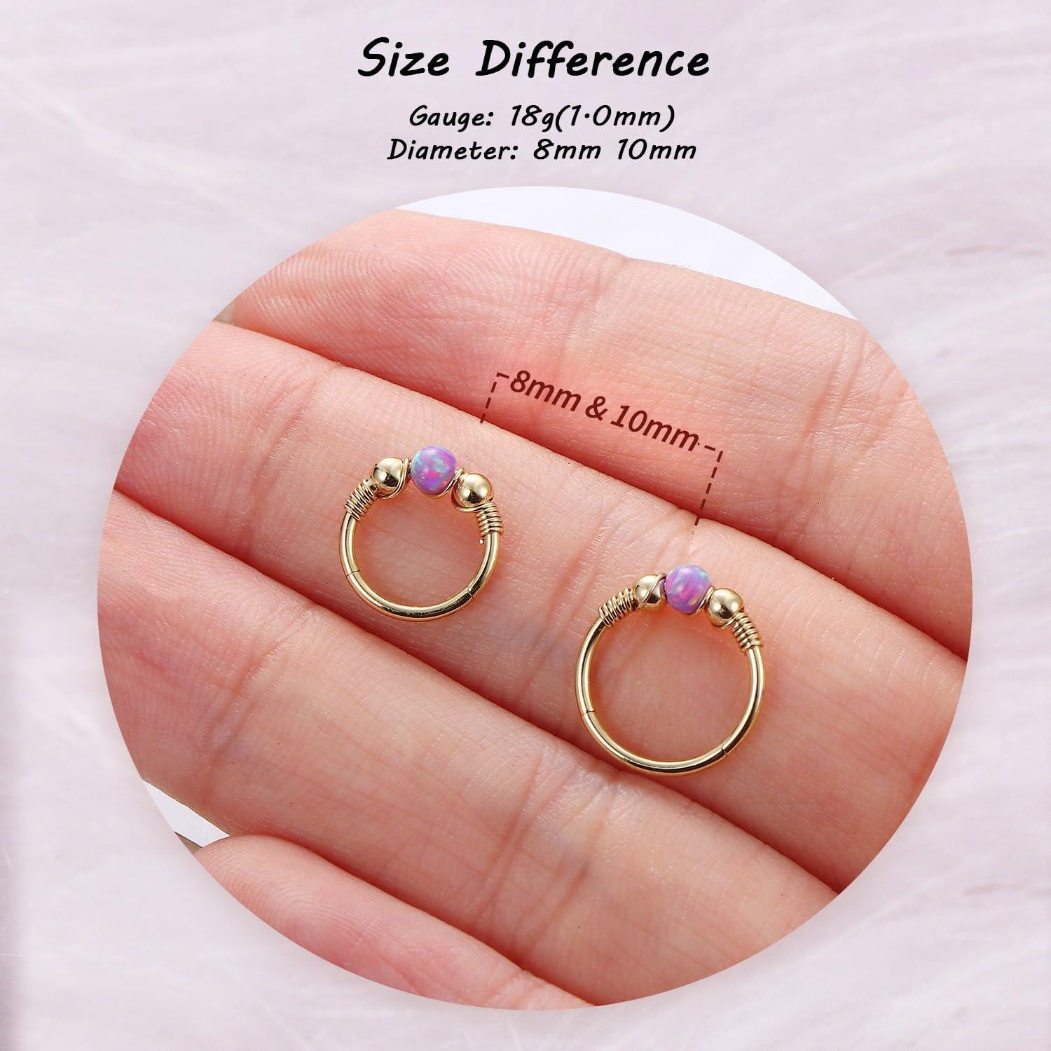 imageBodyBonita Opal Nose Rings Hoops 316L Surgical Steel Septum Ring for Women Conch Piercing Jewelry Daith Helix 2Pcs 16G 18GGoldPurple Opal