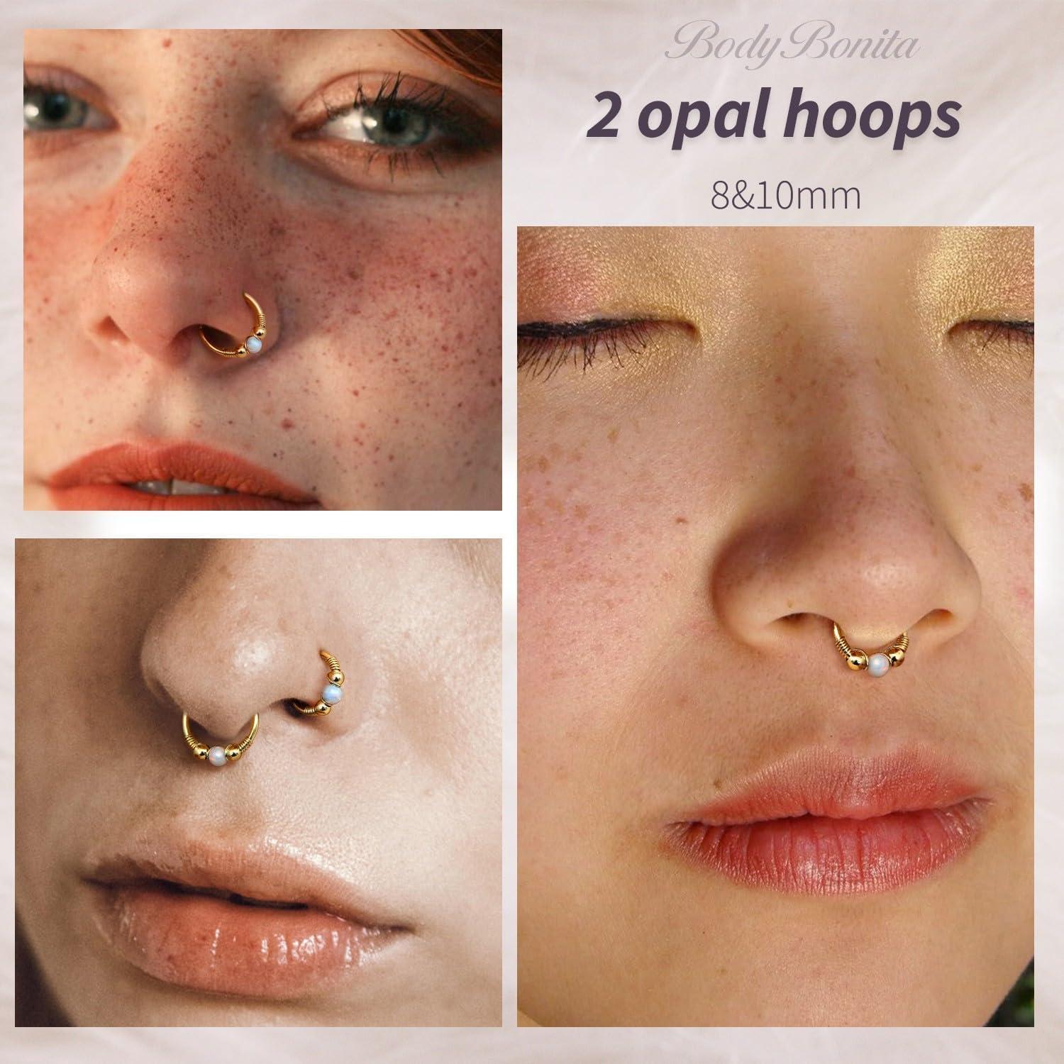 imageBodyBonita Opal Nose Rings Hoops 316L Surgical Steel Septum Ring for Women Conch Piercing Jewelry Daith Helix 2Pcs 16G 18GGoldWhite Opal