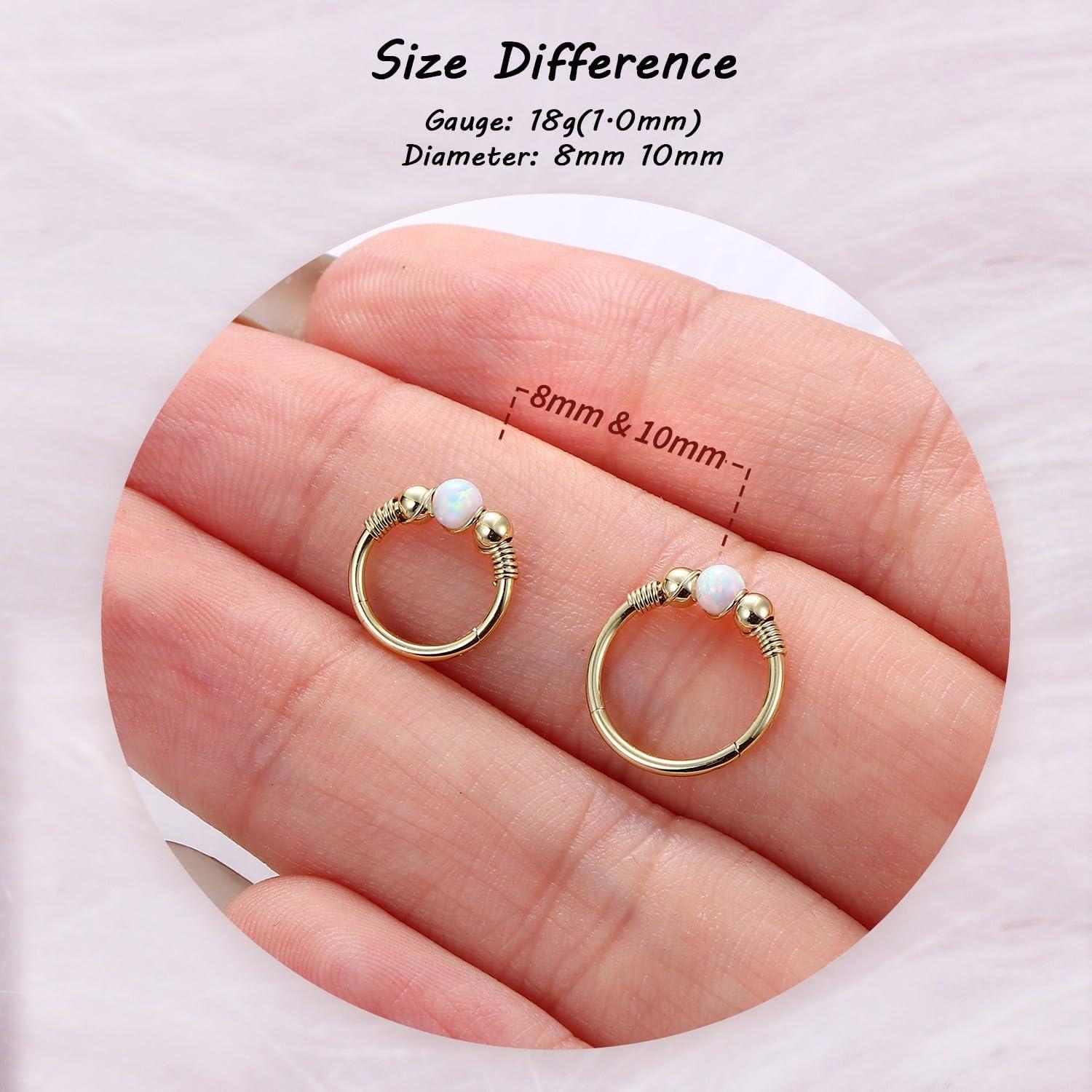 imageBodyBonita Opal Nose Rings Hoops 316L Surgical Steel Septum Ring for Women Conch Piercing Jewelry Daith Helix 2Pcs 16G 18GGoldWhite Opal