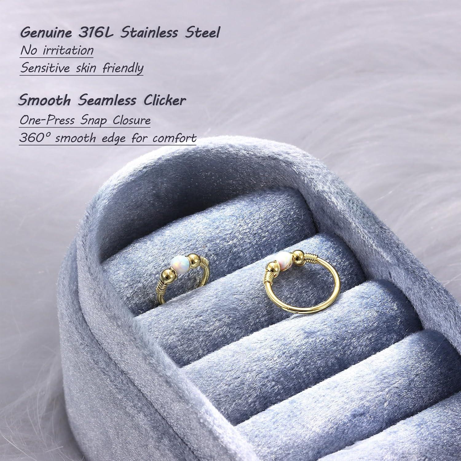 imageBodyBonita Opal Nose Rings Hoops 316L Surgical Steel Septum Ring for Women Conch Piercing Jewelry Daith Helix 2Pcs 16G 18GGoldWhite Opal