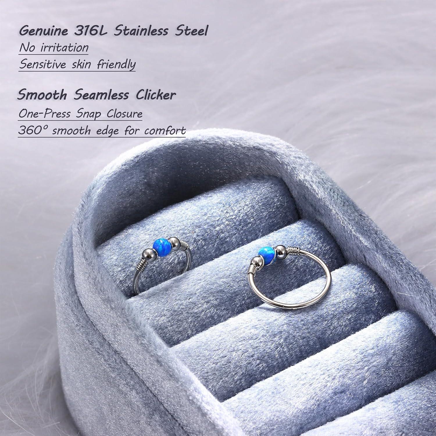 imageBodyBonita Opal Nose Rings Hoops 316L Surgical Steel Septum Ring for Women Conch Piercing Jewelry Daith Helix 2Pcs 16G 18GSilverBlue Opal