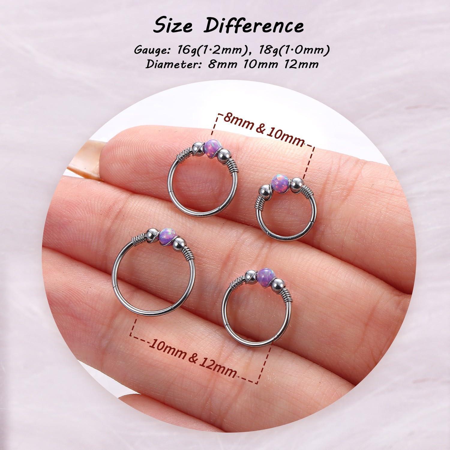 imageBodyBonita Opal Nose Rings Hoops 316L Surgical Steel Septum Ring for Women Conch Piercing Jewelry Daith Helix 2Pcs 16G 18GSilverPurple Opal