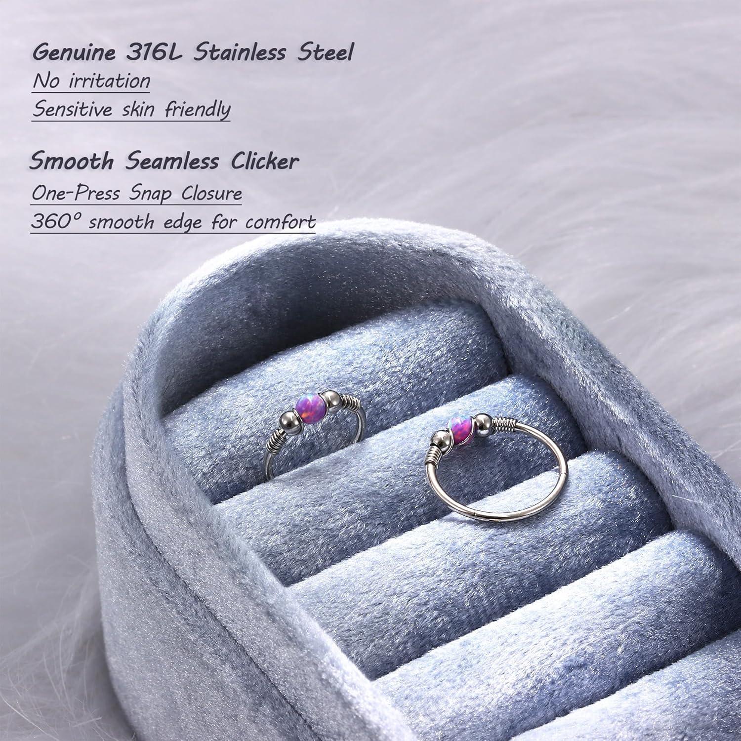 imageBodyBonita Opal Nose Rings Hoops 316L Surgical Steel Septum Ring for Women Conch Piercing Jewelry Daith Helix 2Pcs 16G 18GSilverPurple Opal