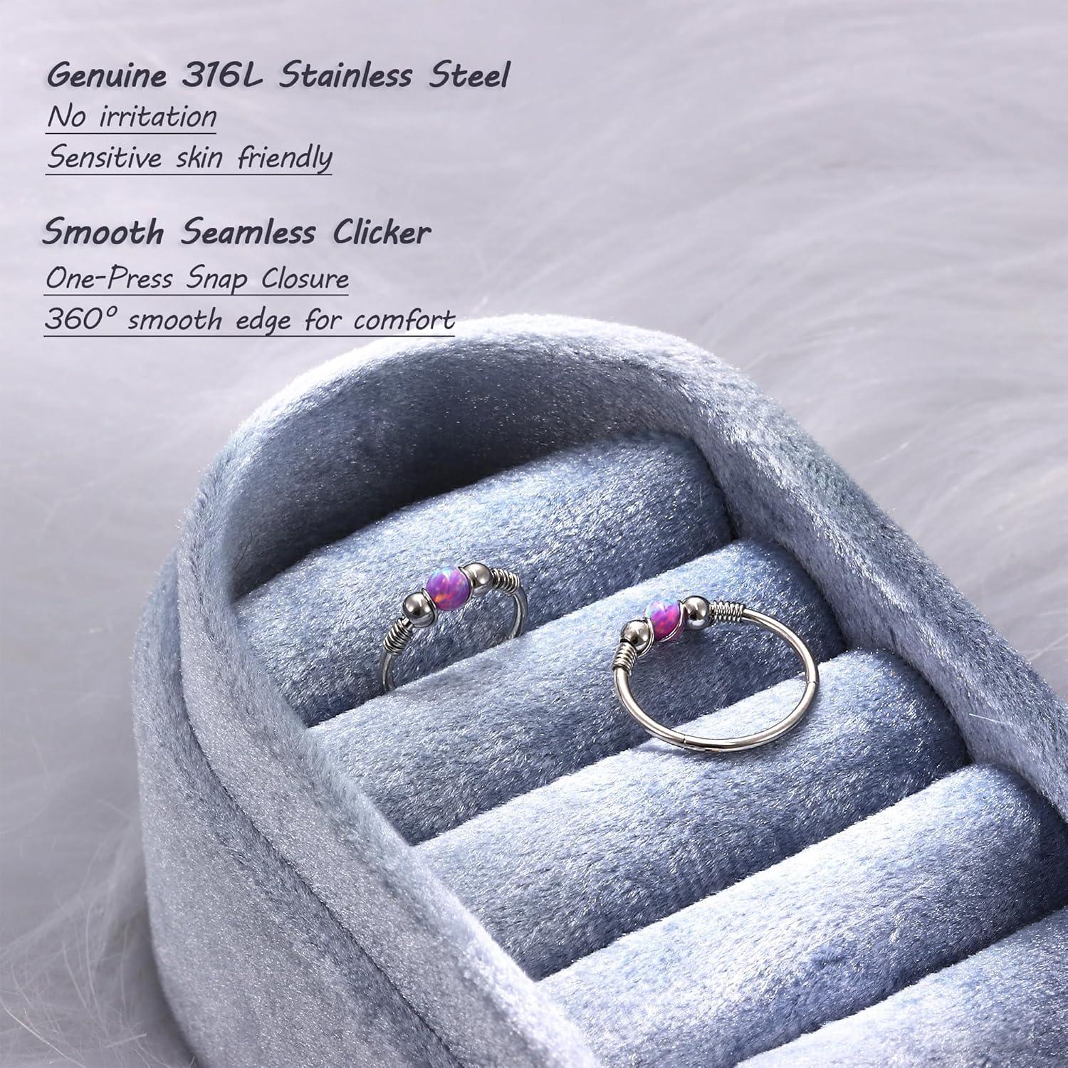 imageBodyBonita Opal Nose Rings Hoops 316L Surgical Steel Septum Ring for Women Conch Piercing Jewelry Daith Helix 2Pcs 16G 18GSilverPurple Opal