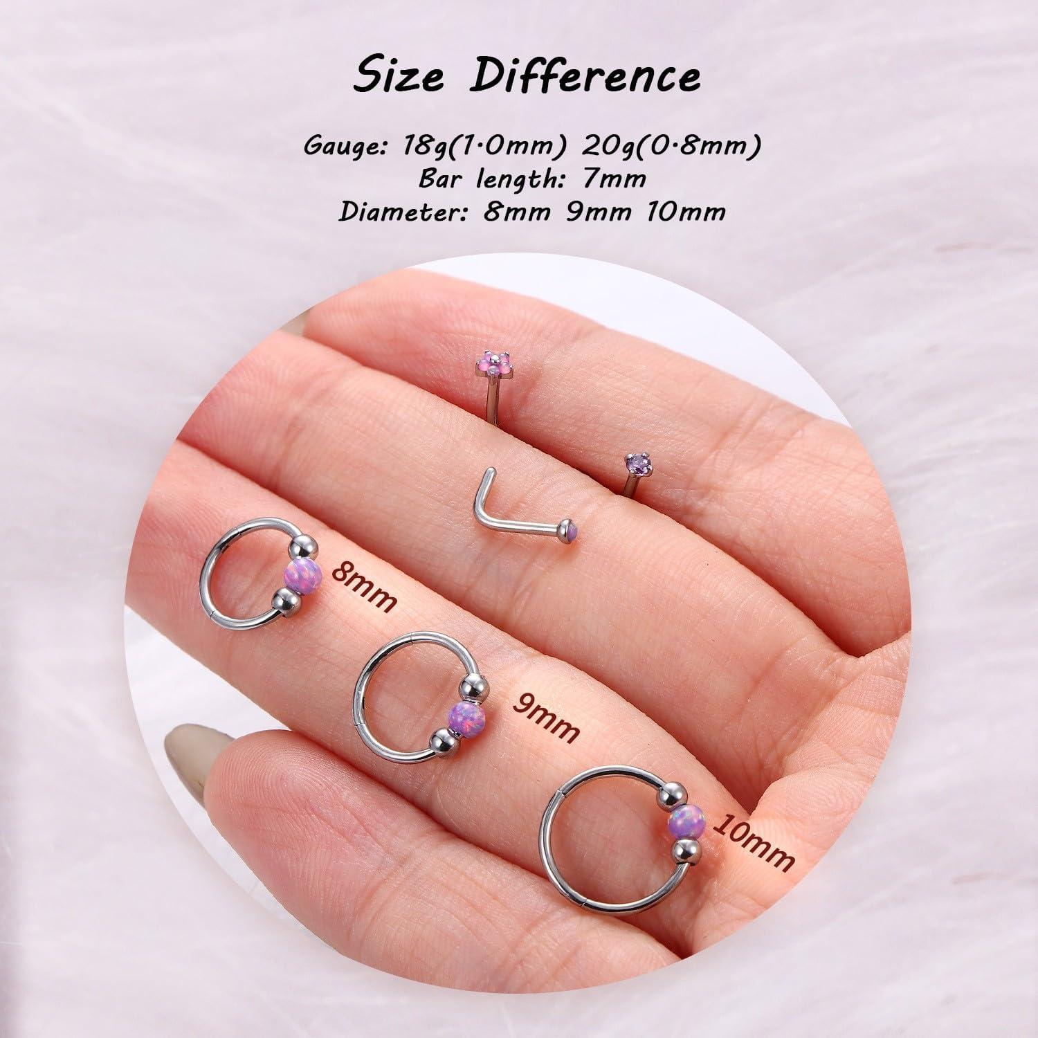 imageBodyBonita Opal Nose Rings for Women 316L Surgical Steel Nose Hoops Piercing 20G 18G 16G Septum Rings L Shaped Nose Studs Jewelry Cartilage Conch Daith Helix Tragus Earrings 8910mm 4Pcs 4PcsPurple Opal