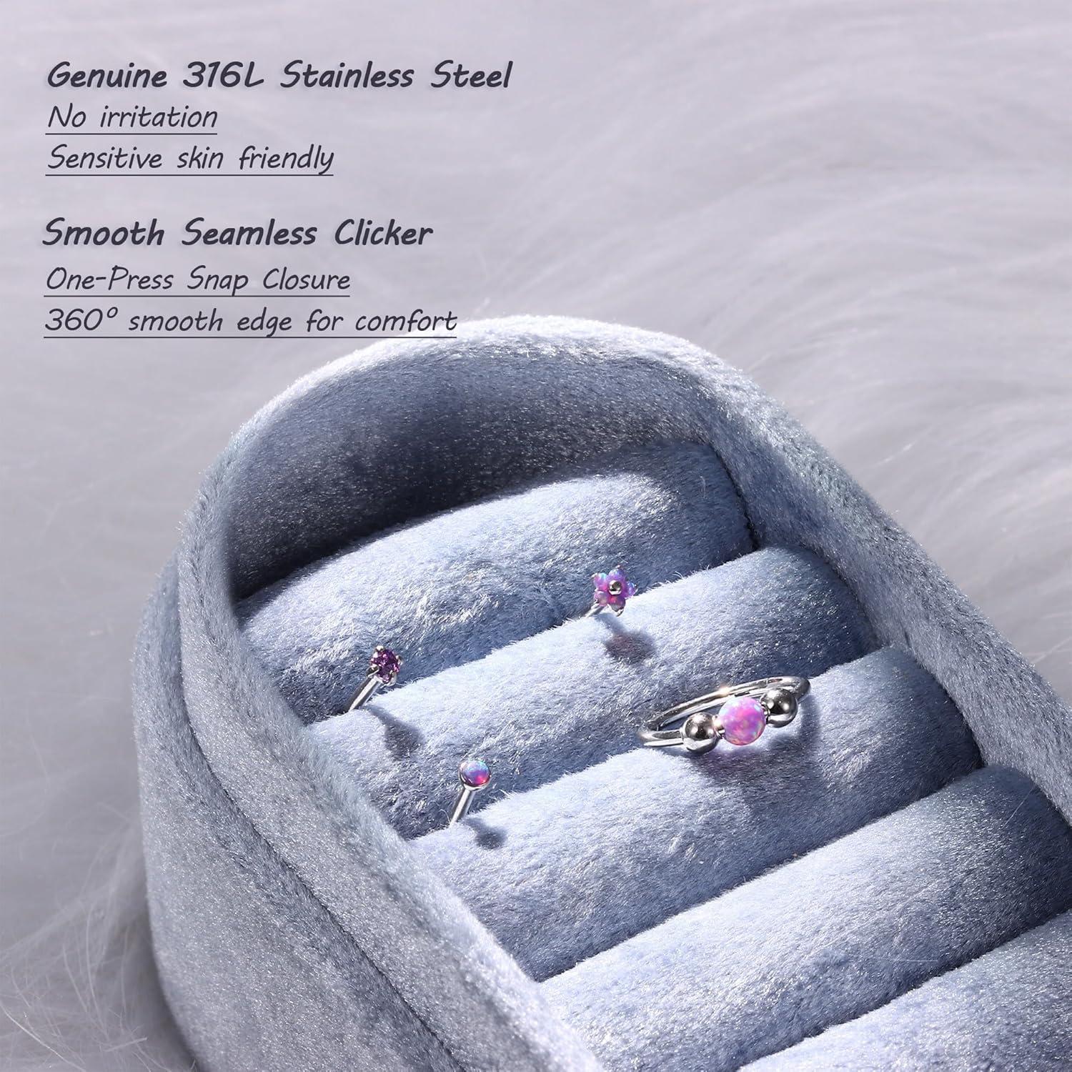 imageBodyBonita Opal Nose Rings for Women 316L Surgical Steel Nose Hoops Piercing 20G 18G 16G Septum Rings L Shaped Nose Studs Jewelry Cartilage Conch Daith Helix Tragus Earrings 8910mm 4Pcs 4PcsPurple Opal