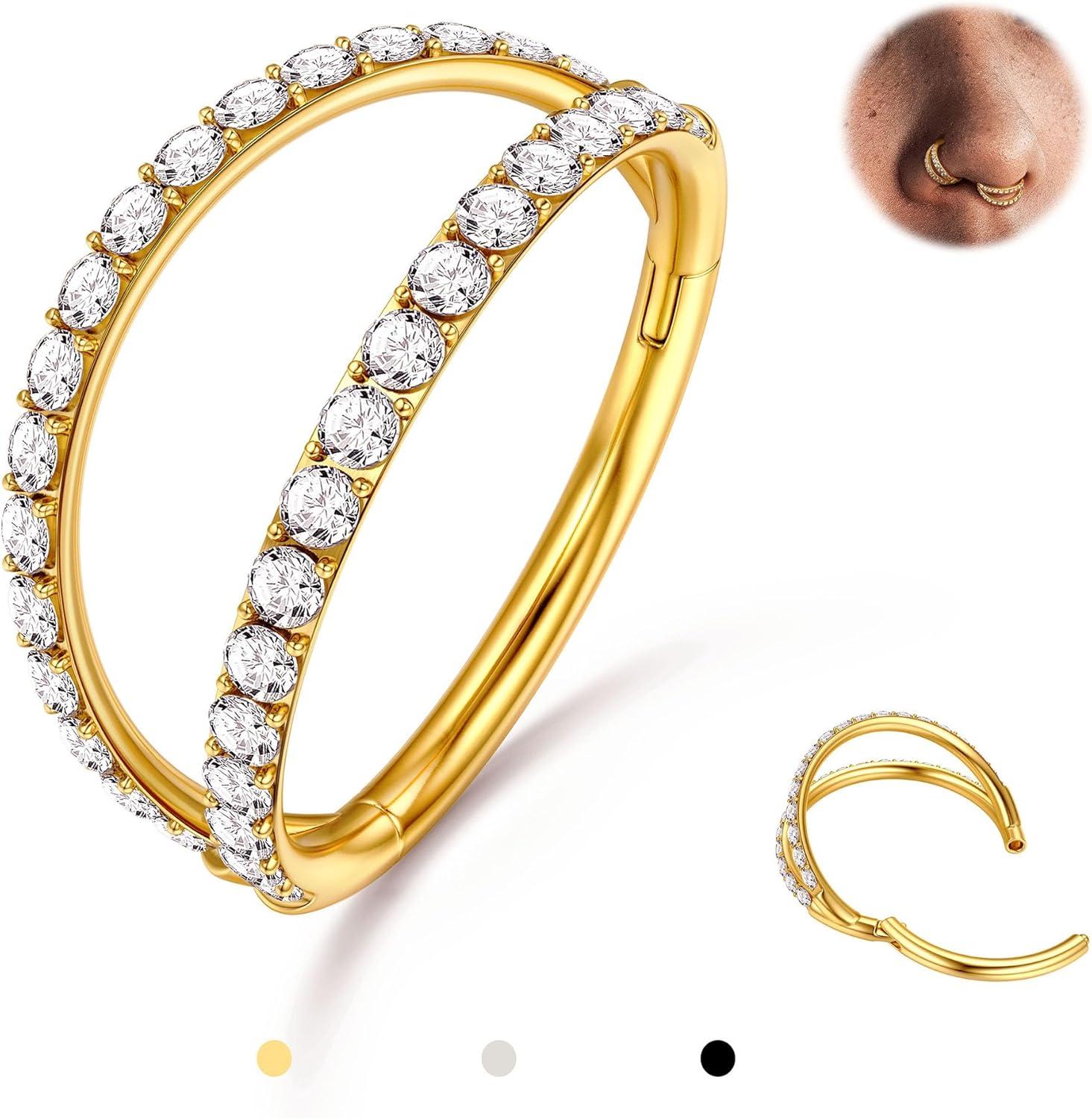 imageBodyBonita TripleDouble Hoop Nose Ring G23 Titanium Septum Rings 161820G CZ Nose Piercings Jewelry Conch Helix Daith Rook Tragus Cartilage Earring Hinged Nostril Piercing Gold PlatedBlackSilver14k Gold PlatedCZ Double Hoop