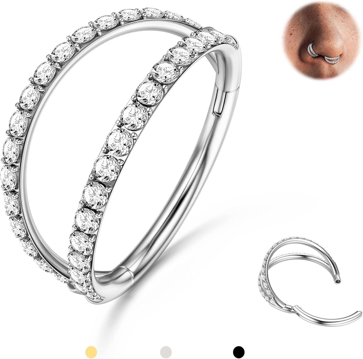 imageBodyBonita TripleDouble Hoop Nose Ring G23 Titanium Septum Rings 161820G CZ Nose Piercings Jewelry Conch Helix Daith Rook Tragus Cartilage Earring Hinged Nostril Piercing Gold PlatedBlackSilverSilverCZ Double Hoop