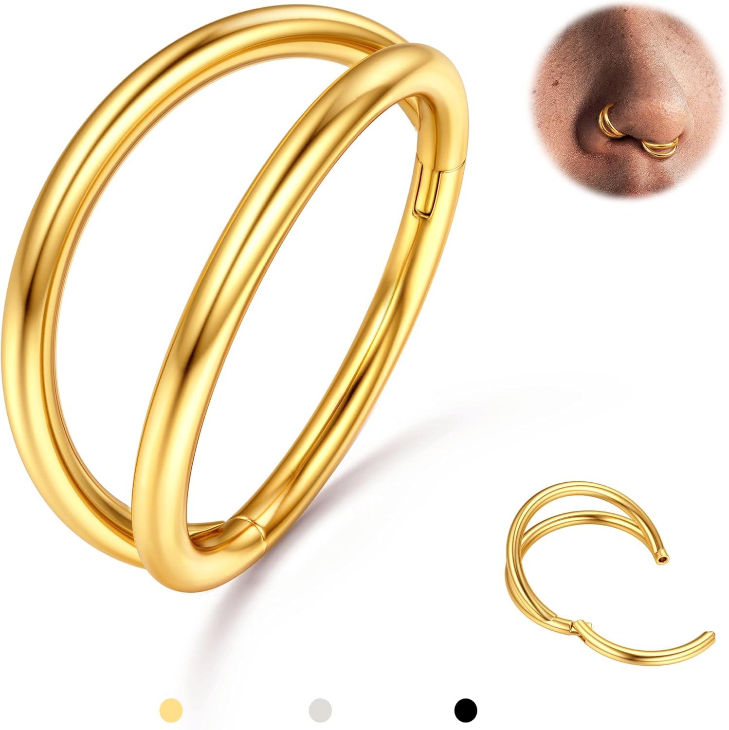imageBodyBonita TripleDouble Hoop Nose Ring G23 Titanium Septum Rings 161820G CZ Nose Piercings Jewelry Conch Helix Daith Rook Tragus Cartilage Earring Hinged Nostril Piercing Gold PlatedBlackSilver14k Gold PlatedDouble Hoop