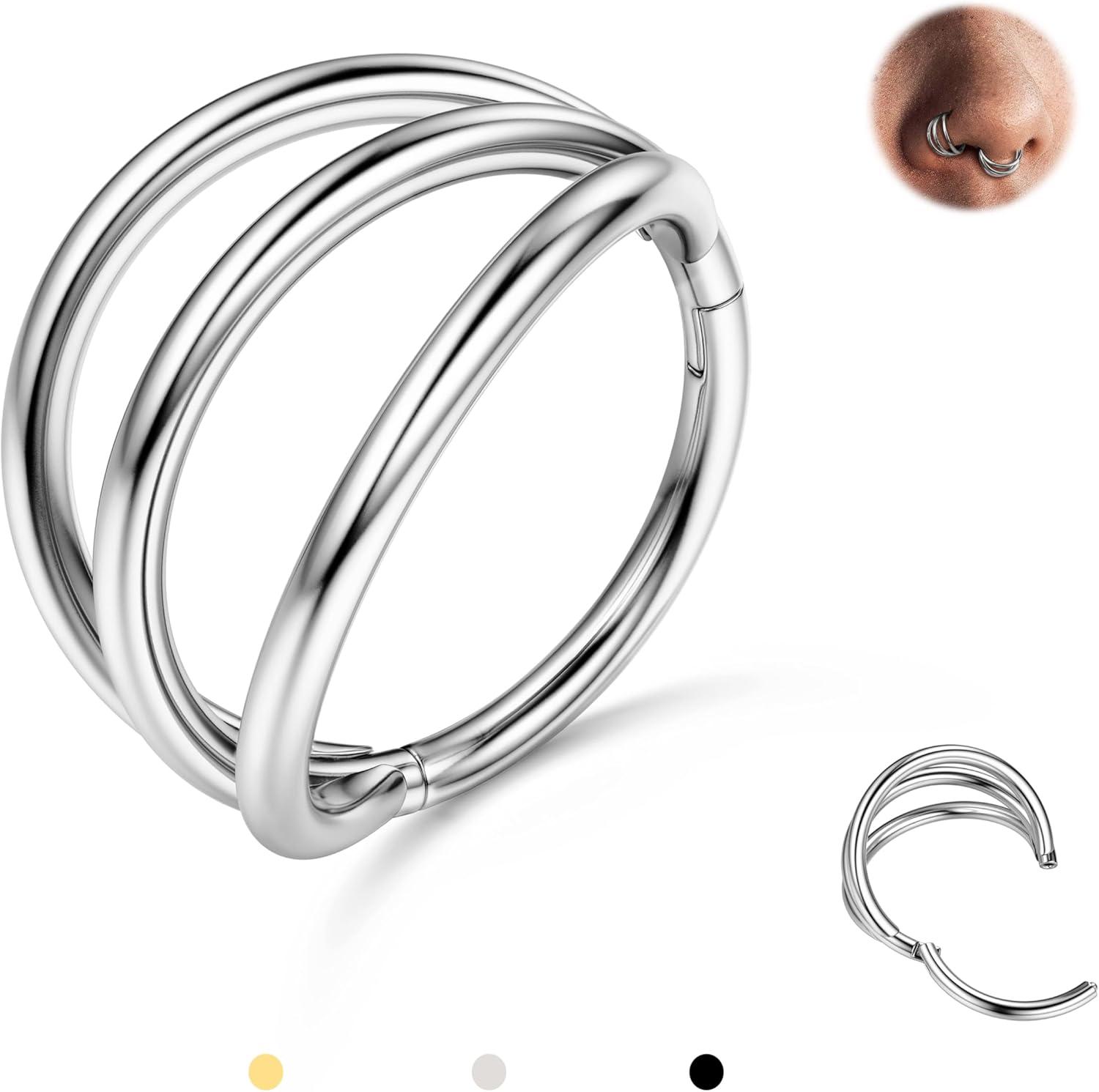 imageBodyBonita TripleDouble Hoop Nose Ring G23 Titanium Septum Rings 161820G CZ Nose Piercings Jewelry Conch Helix Daith Rook Tragus Cartilage Earring Hinged Nostril Piercing Gold PlatedBlackSilverSilverTriple Hoop