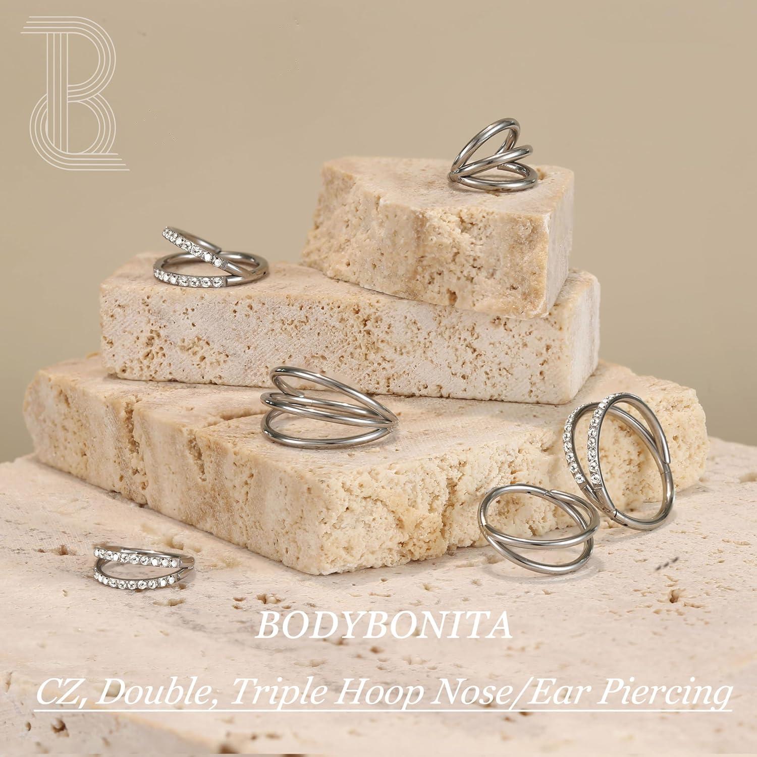 imageBodyBonita TripleDouble Hoop Nose Ring G23 Titanium Septum Rings 161820G CZ Nose Piercings Jewelry Conch Helix Daith Rook Tragus Cartilage Earring Hinged Nostril Piercing Gold PlatedBlackSilverSilverTriple Hoop