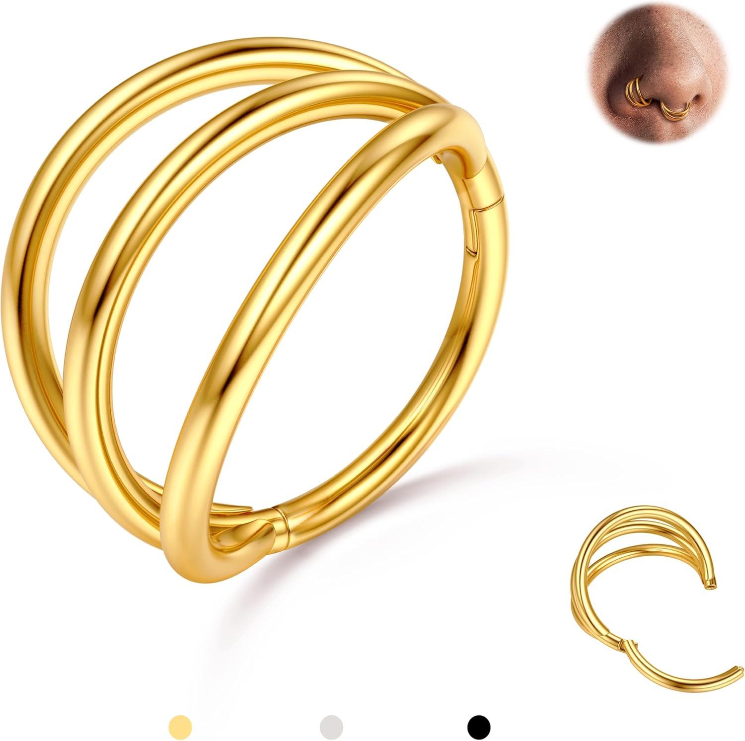 imageBodyBonita TripleDouble Hoop Nose Ring G23 Titanium Septum Rings 161820G CZ Nose Piercings Jewelry Conch Helix Daith Rook Tragus Cartilage Earring Hinged Nostril Piercing Gold PlatedBlackSilver14k Gold PlatedTriple Hoop