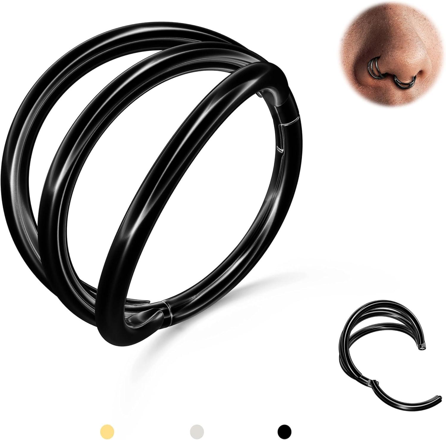 imageBodyBonita TripleDouble Hoop Nose Ring G23 Titanium Septum Rings 161820G CZ Nose Piercings Jewelry Conch Helix Daith Rook Tragus Cartilage Earring Hinged Nostril Piercing Gold PlatedBlackSilverBlackTriple Hoop