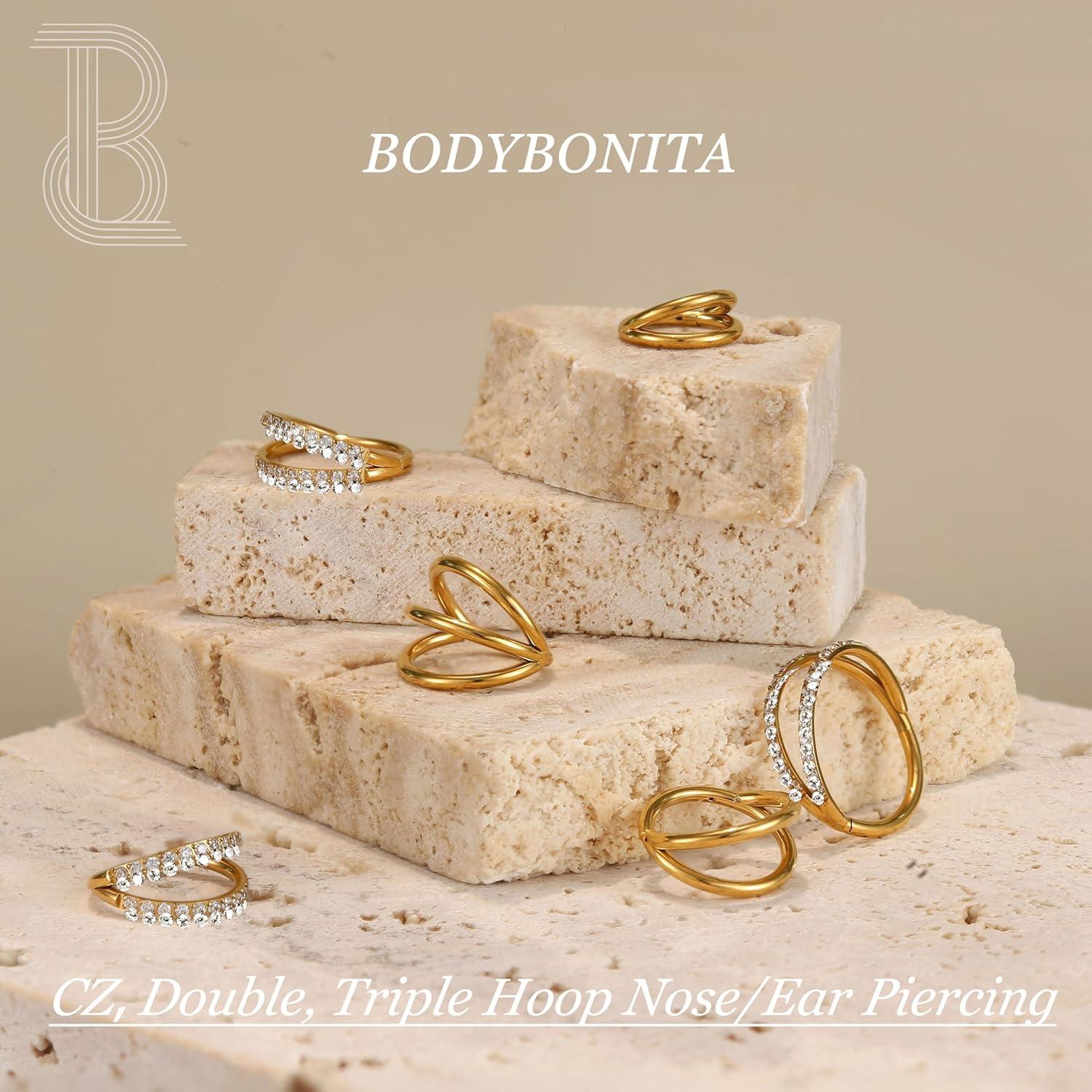 imageBodyBonita TripleDouble Hoop Nose Ring G23 Titanium Septum Rings 161820G CZ Nose Piercings Jewelry Conch Helix Daith Rook Tragus Cartilage Earring Hinged Nostril Piercing Gold PlatedBlackSilver14k Gold PlatedDouble Hoop