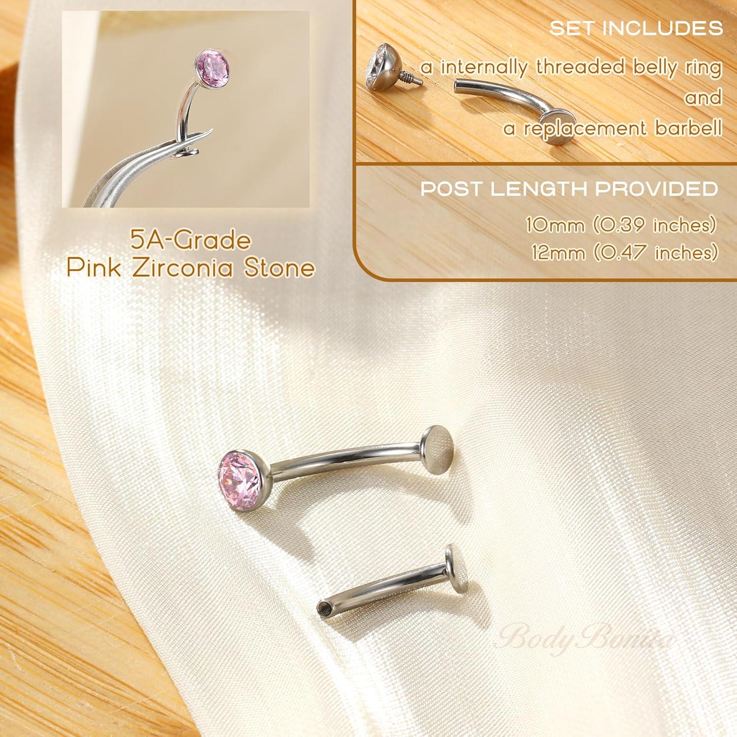 imageBodyBonita Upgraded Wearability Floating Belly Button Ring G23 Titanium Internally Threaded Belly Button Piercing 14G Curved Barbell Belly Rings Pink Clear CZ Navel Rings with 10mm and 12mm Bar Silver Gold PlatedSilver Pink CZ