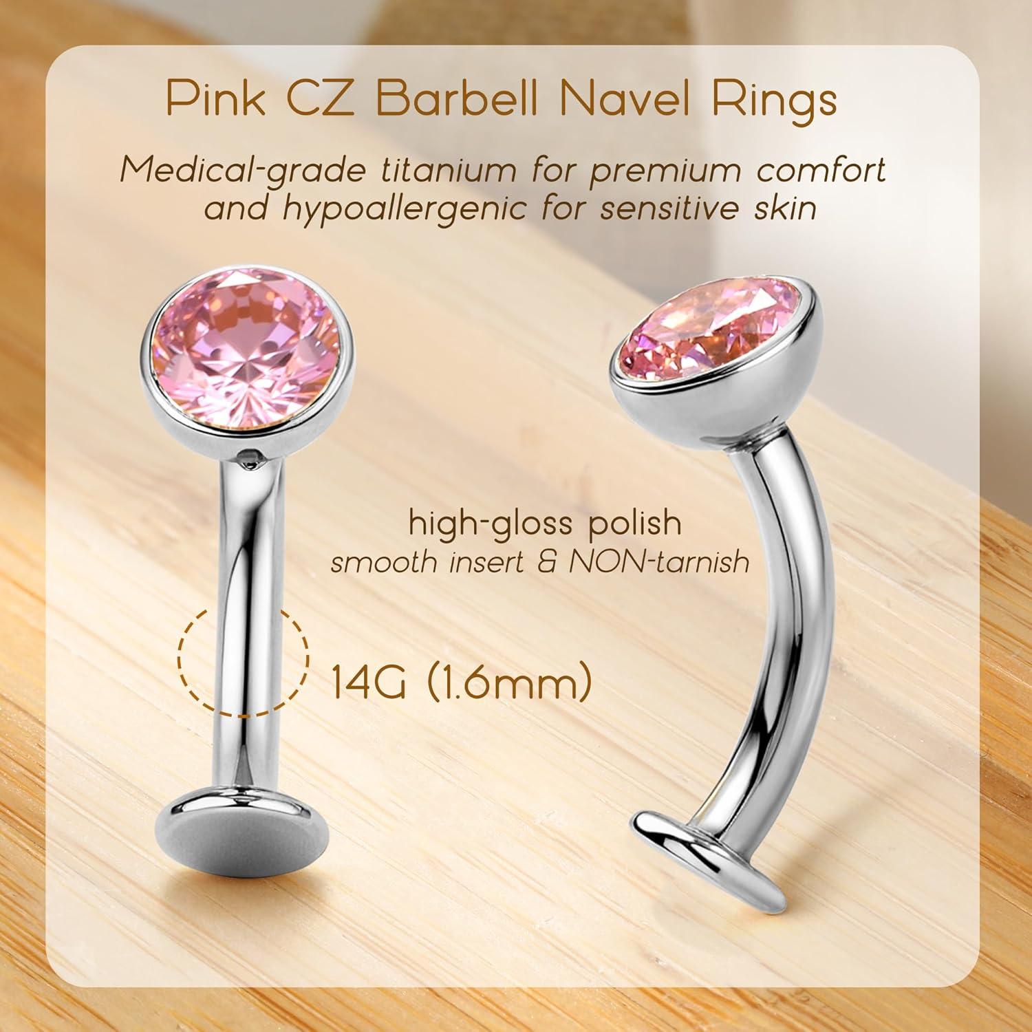imageBodyBonita Upgraded Wearability Floating Belly Button Ring G23 Titanium Internally Threaded Belly Button Piercing 14G Curved Barbell Belly Rings Pink Clear CZ Navel Rings with 10mm and 12mm Bar Silver Gold PlatedSilver Pink CZ