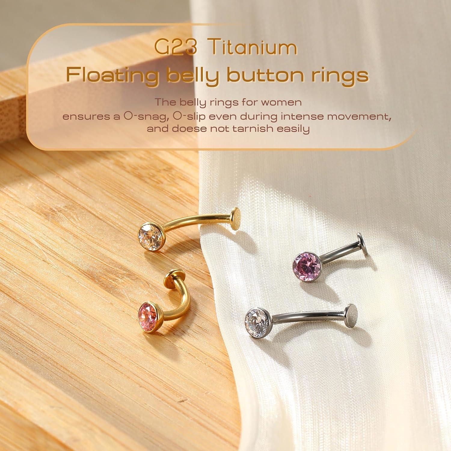 imageBodyBonita Upgraded Wearability Floating Belly Button Ring G23 Titanium Internally Threaded Belly Button Piercing 14G Curved Barbell Belly Rings Pink Clear CZ Navel Rings with 10mm and 12mm Bar Silver Gold PlatedSilver Pink CZ