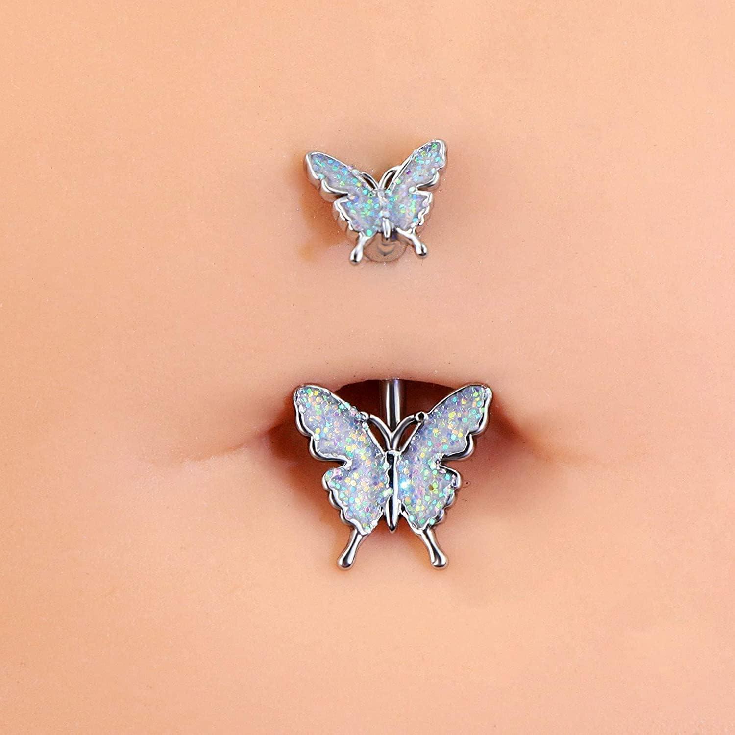 imageIncaton 14G 5Pcs Belly Button Rings for Women Stainless Steel Snake Butterfly Devil Heart Clear CZ Curved Barbell Navel Rings Piercing