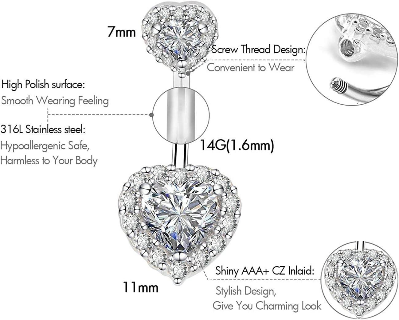 imageIncaton 14G 5Pcs Belly Button Rings for Women Stainless Steel Snake Butterfly Devil Heart Clear CZ Curved Barbell Navel Rings Piercing