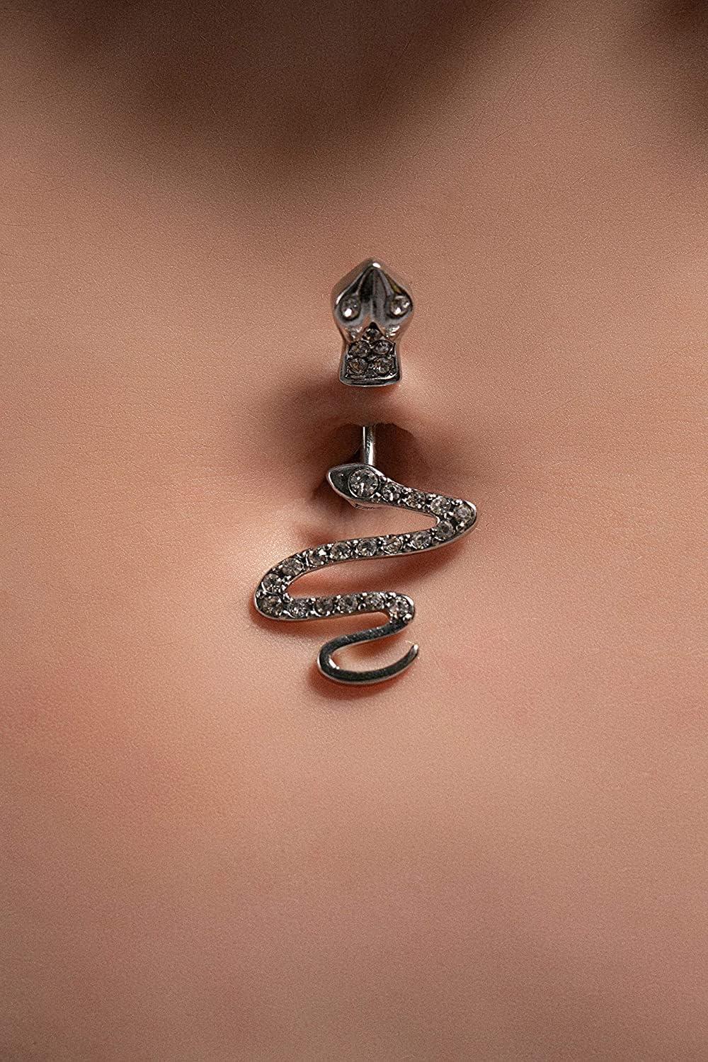 imageIncaton 14G 5Pcs Belly Button Rings for Women Stainless Steel Snake Butterfly Devil Heart Clear CZ Curved Barbell Navel Rings Piercing