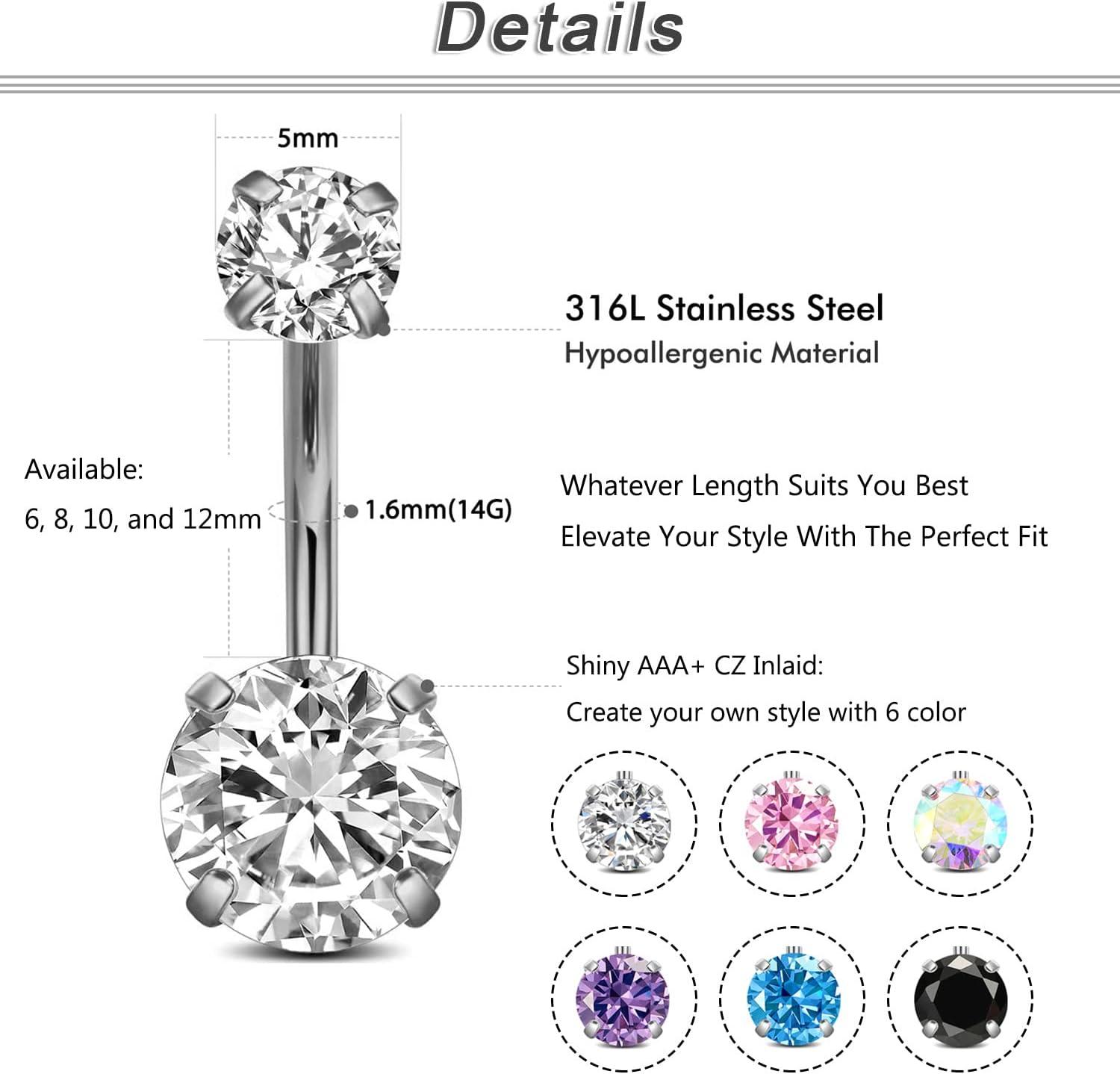 imageIncaton 14G Belly Button Ring Surgical Stainless Steel Round Cubic Zirconia Navel Barbell Belly Rings For Women 681012mm1PC Clear 12mm