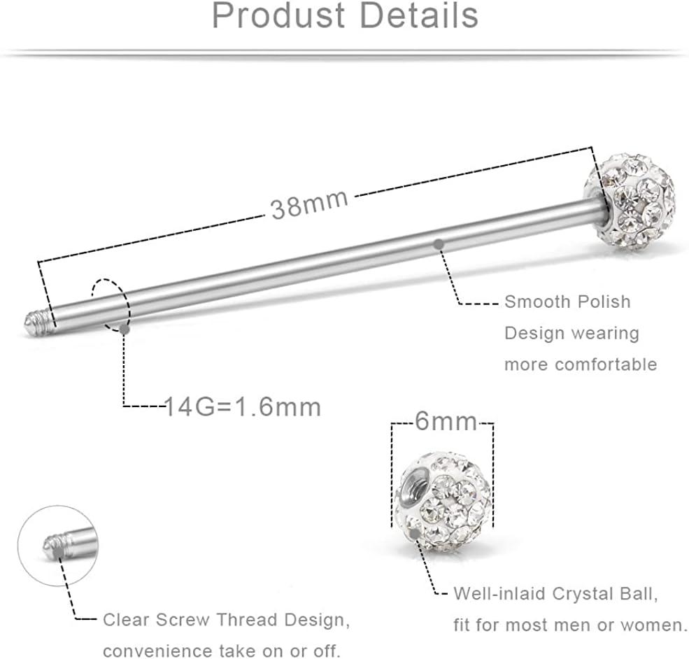 imageIncaton 14g Industrial Barbell Surgical Steel Cartilage Earrings CZ Industrial Earring Crystal Ferido Industrail Piercing 1 12quot38mm Bar Length
