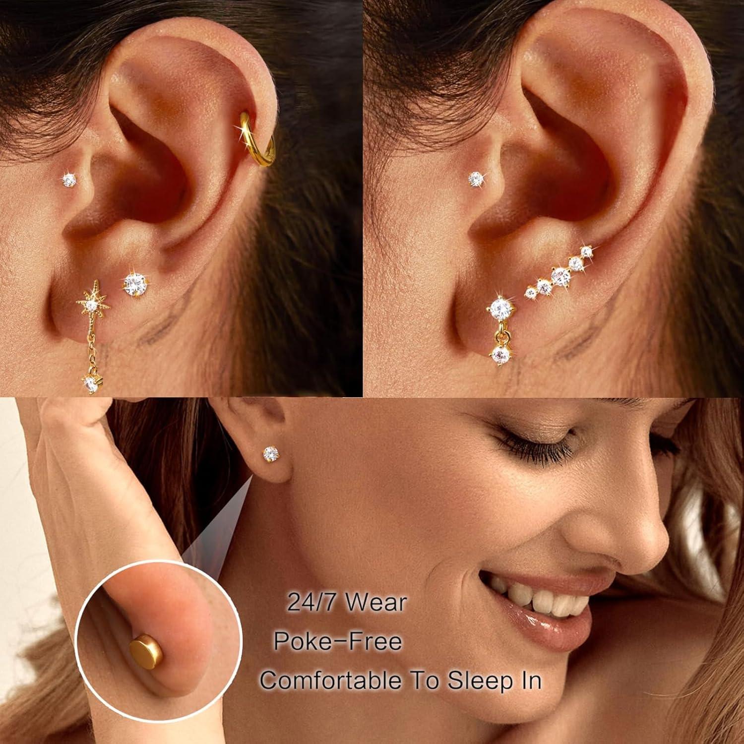 imageIncaton 20G Cartilage Piercing Jewelry Flat back Helix Earrings for Women Hypoallergenic Surgical Steel Gold Cartilage Hoop Earring Set Daith Tragus Conch Flat Back Stud EarringsGOLD