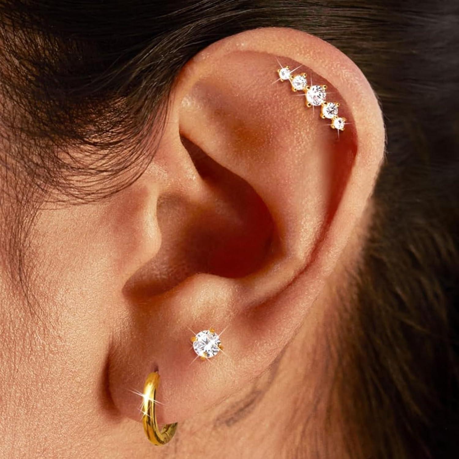 imageIncaton 20G Cartilage Piercing Jewelry Flat back Helix Earrings for Women Hypoallergenic Surgical Steel Gold Cartilage Hoop Earring Set Daith Tragus Conch Flat Back Stud EarringsGOLD