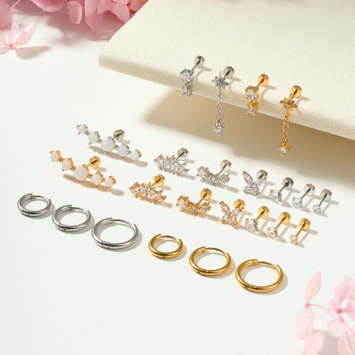 imageIncaton 20G Cartilage Piercing Jewelry Flat back Helix Earrings for Women Hypoallergenic Surgical Steel Gold Cartilage Hoop Earring Set Daith Tragus Conch Flat Back Stud EarringsGOLD