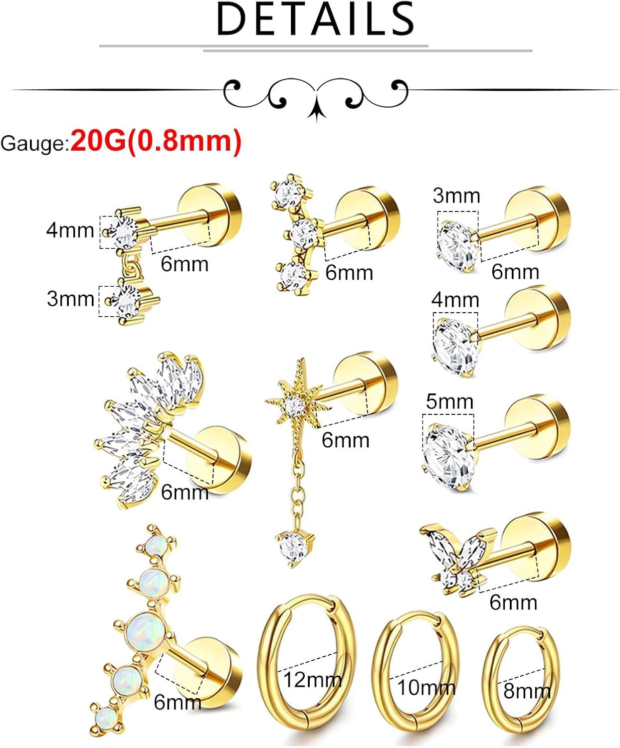 imageIncaton 20G Cartilage Piercing Jewelry Flat back Helix Earrings for Women Hypoallergenic Surgical Steel Gold Cartilage Hoop Earring Set Daith Tragus Conch Flat Back Stud EarringsGOLD