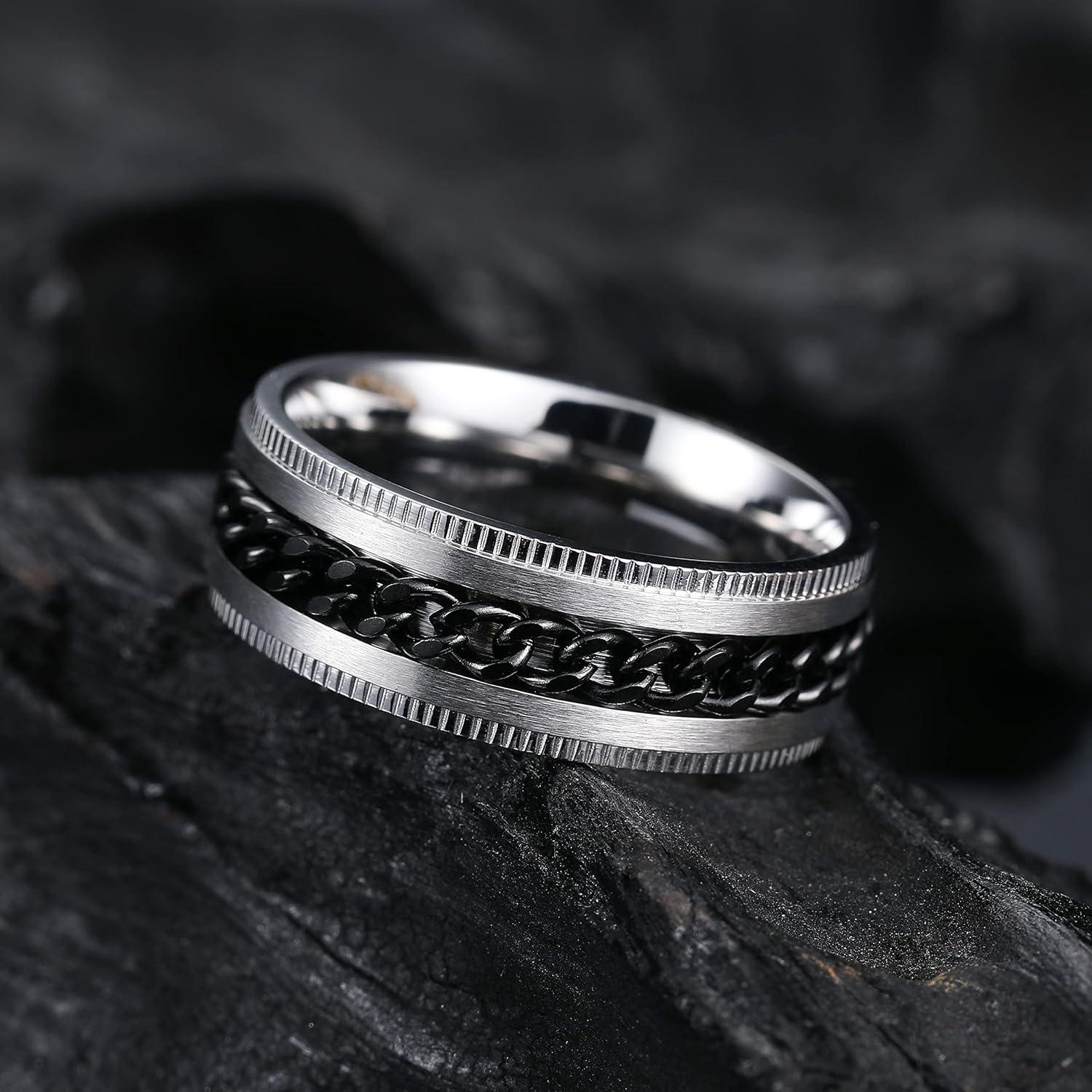 imageKing Will 316L Stainless Steel Fidget Ring for Men Women8mm Width with Stylish Chain Inlay Spinner Ring Stress Relief Durable Wedding Band Comfort Fit Size 416ASilver PlatedBlack