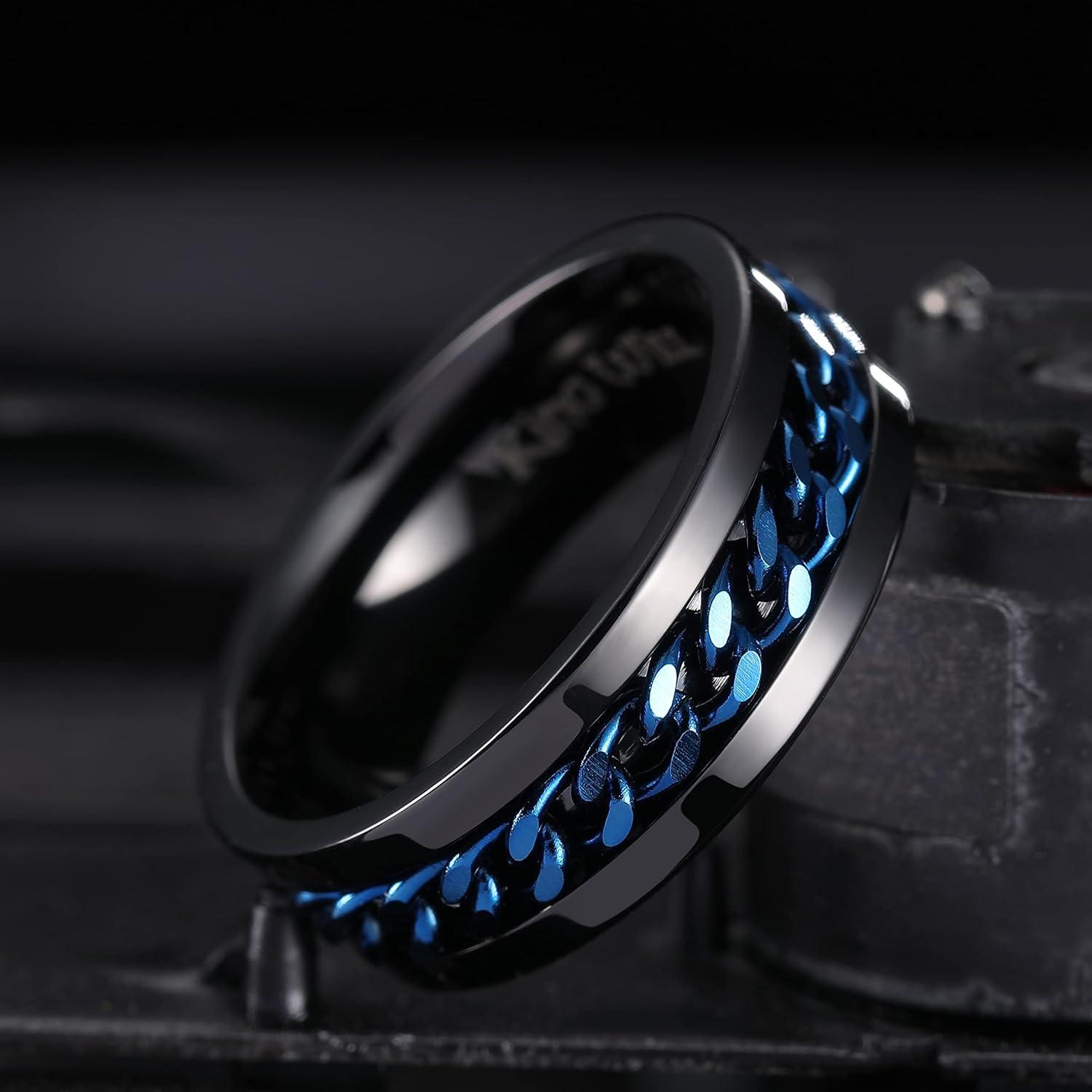 imageKing Will 316L Stainless Steel Fidget Ring for Men Women8mm Width with Stylish Chain Inlay Spinner Ring Stress Relief Durable Wedding Band Comfort Fit Size 416BBlackBlue