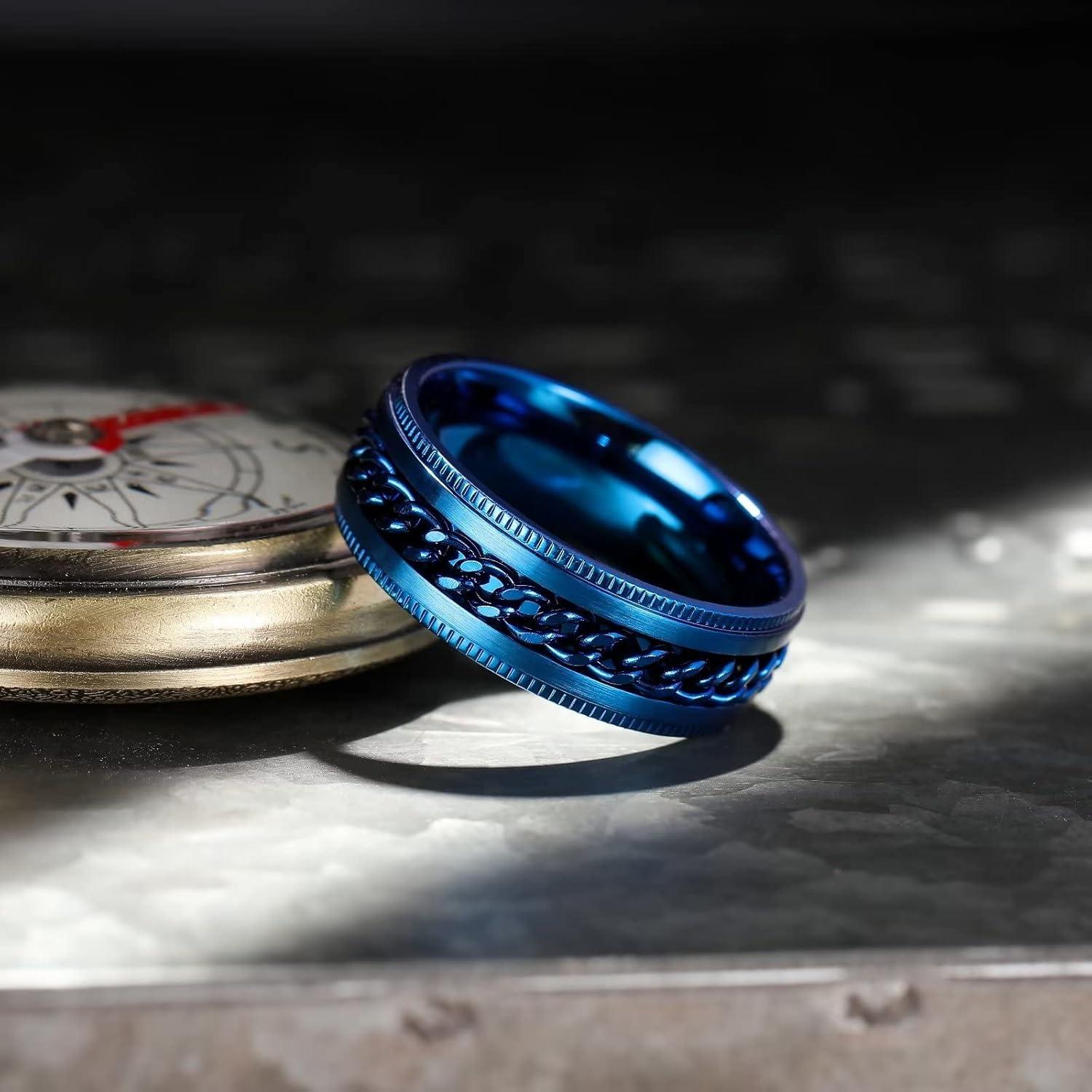 imageKing Will 316L Stainless Steel Fidget Ring for Men Women8mm Width with Stylish Chain Inlay Spinner Ring Stress Relief Durable Wedding Band Comfort Fit Size 416ABlue