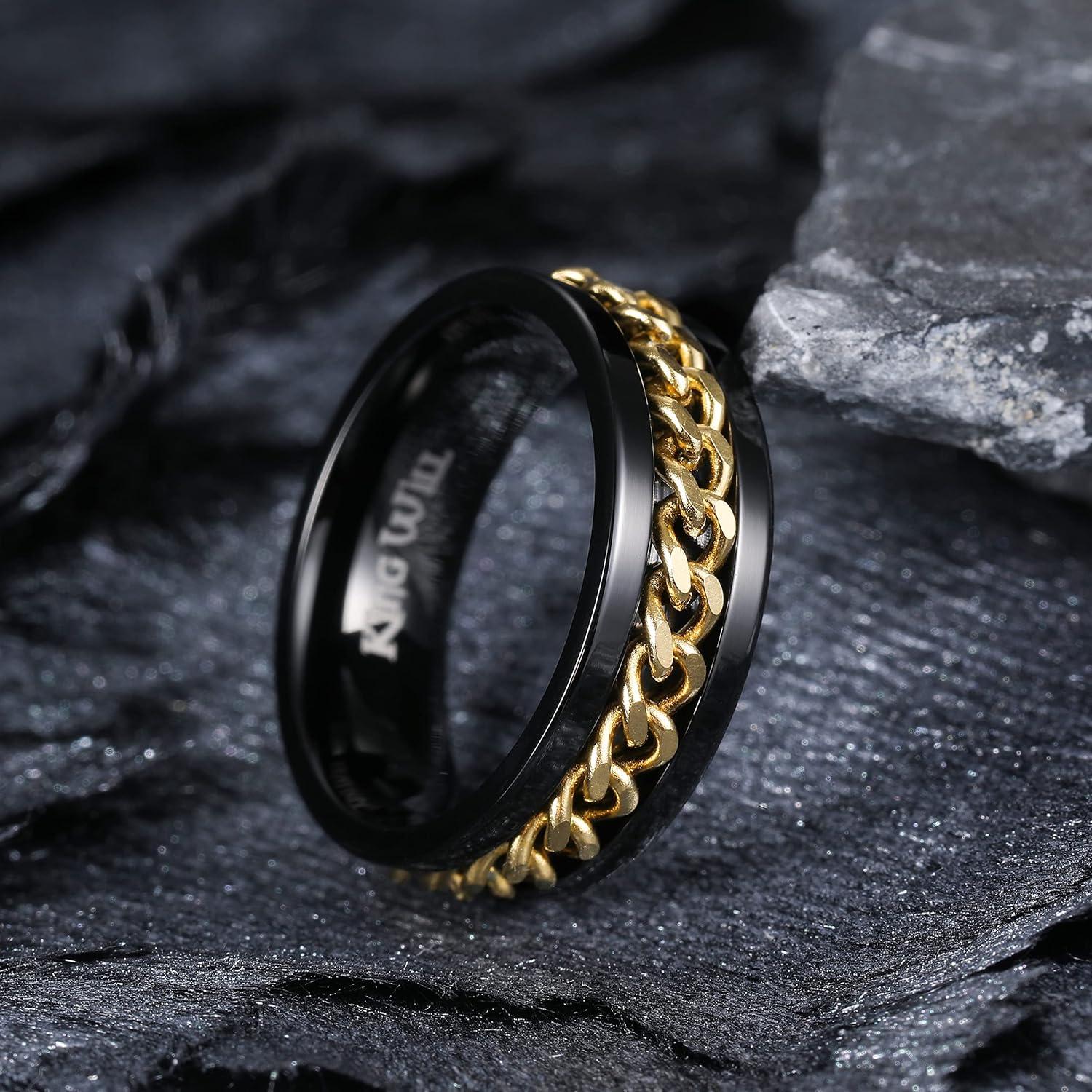 imageKing Will 316L Stainless Steel Fidget Ring for Men Women8mm Width with Stylish Chain Inlay Spinner Ring Stress Relief Durable Wedding Band Comfort Fit Size 416BBlackGold Plated
