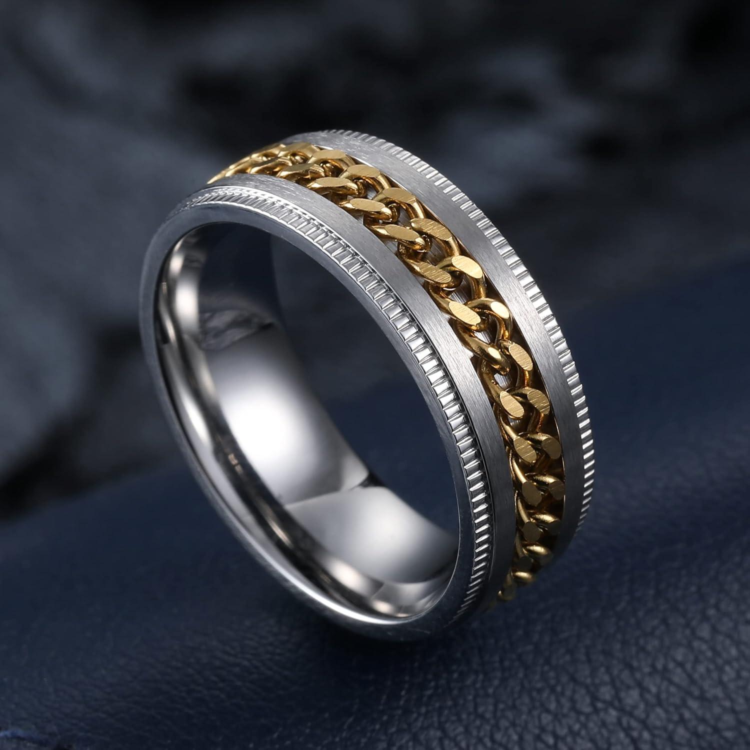 imageKing Will 316L Stainless Steel Fidget Ring for Men Women8mm Width with Stylish Chain Inlay Spinner Ring Stress Relief Durable Wedding Band Comfort Fit Size 416ASliverGold Plated