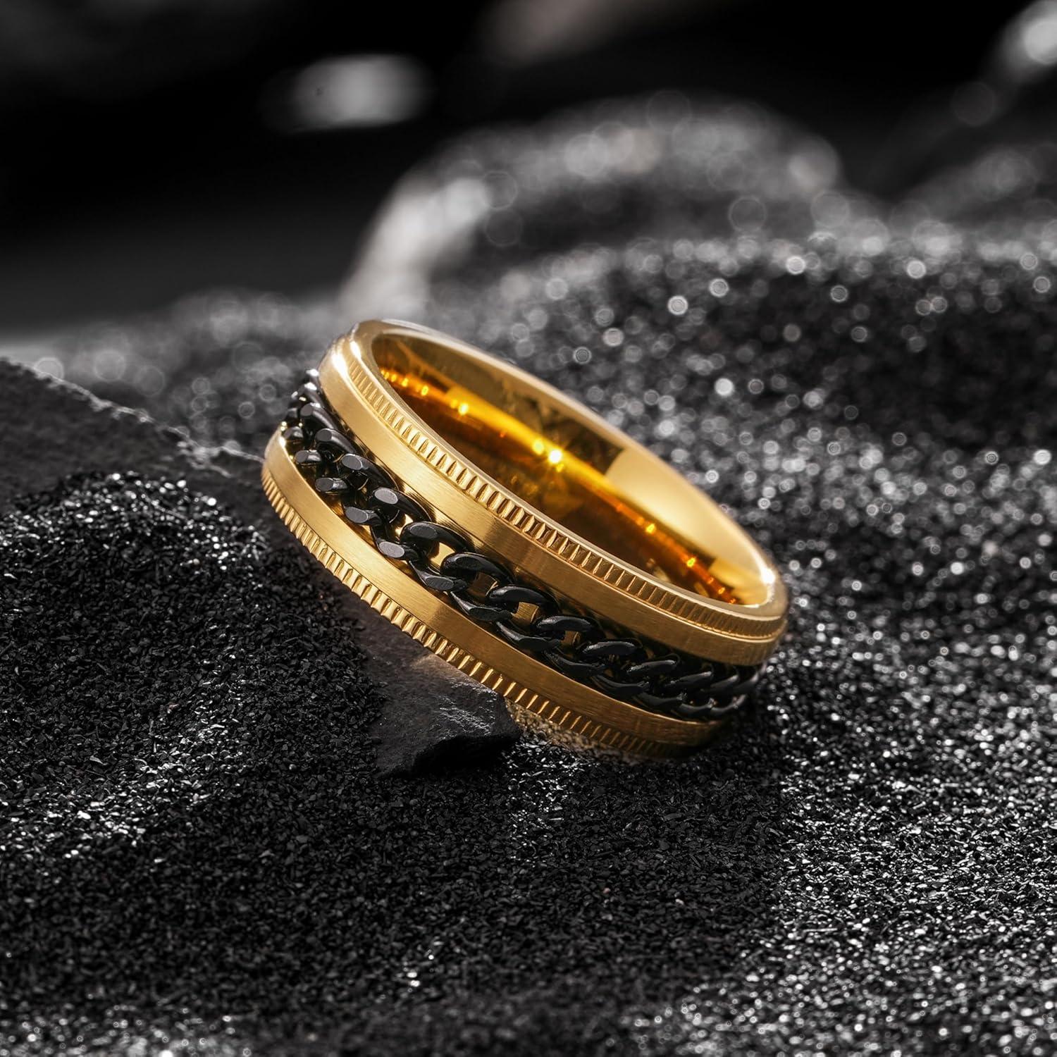 imageKing Will 316L Stainless Steel Fidget Ring for Men Women8mm Width with Stylish Chain Inlay Spinner Ring Stress Relief Durable Wedding Band Comfort Fit Size 416AGold PlatedBlack