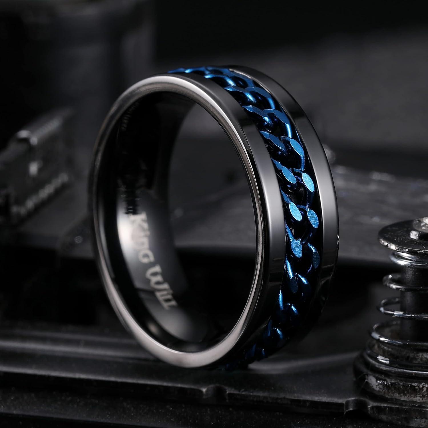 imageKing Will 316L Stainless Steel Fidget Ring for Men Women8mm Width with Stylish Chain Inlay Spinner Ring Stress Relief Durable Wedding Band Comfort Fit Size 416BBlackBlue