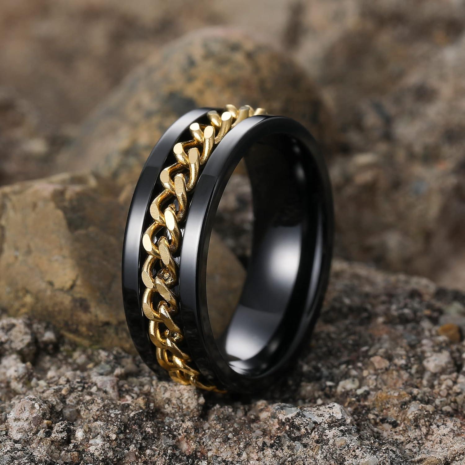 imageKing Will 316L Stainless Steel Fidget Ring for Men Women8mm Width with Stylish Chain Inlay Spinner Ring Stress Relief Durable Wedding Band Comfort Fit Size 416BBlackGold Plated