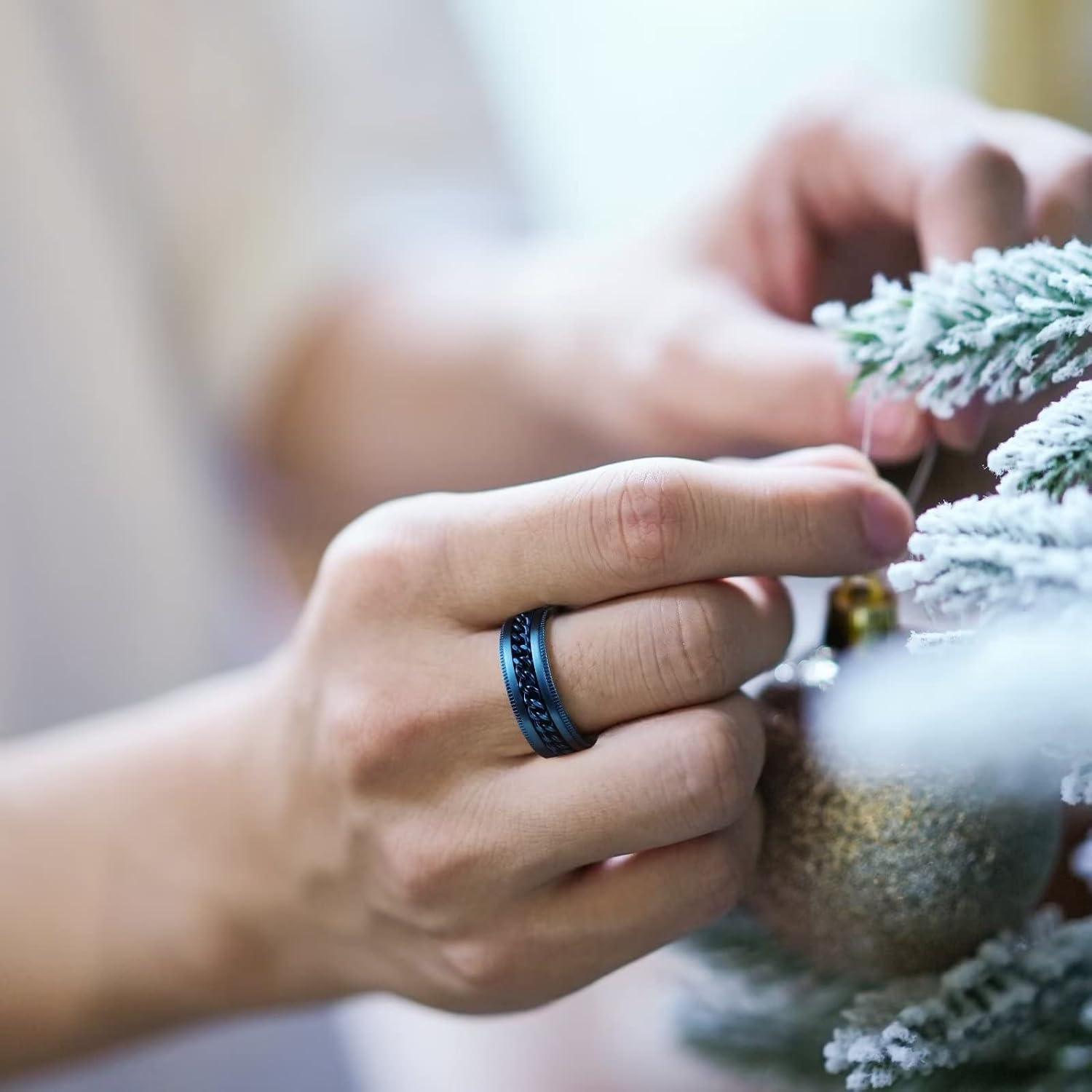 imageKing Will 316L Stainless Steel Fidget Ring for Men Women8mm Width with Stylish Chain Inlay Spinner Ring Stress Relief Durable Wedding Band Comfort Fit Size 416ABlue